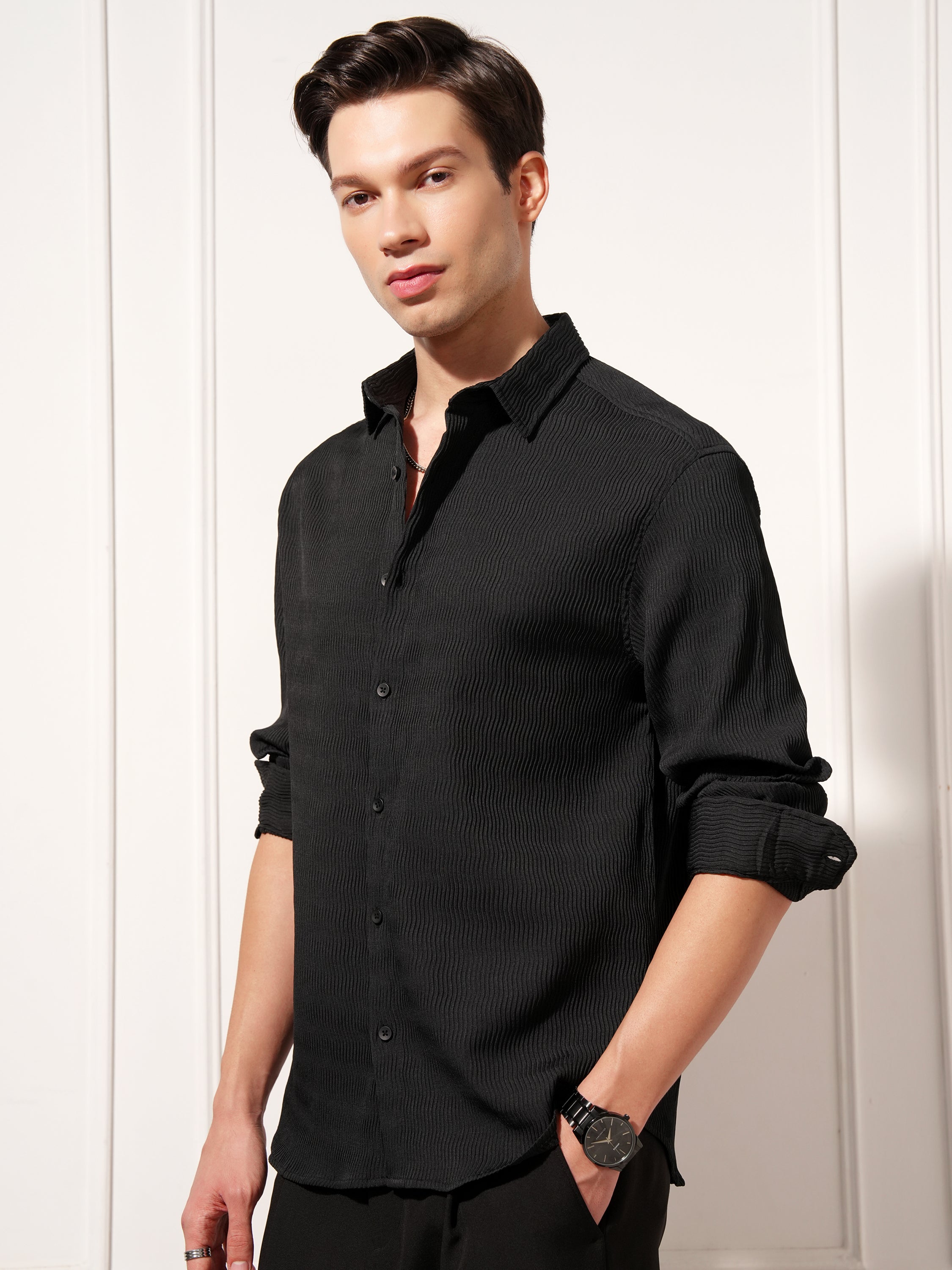 Highlander Men Black Self Design Relaxed Fit Casual Shirt - Black - Image 6