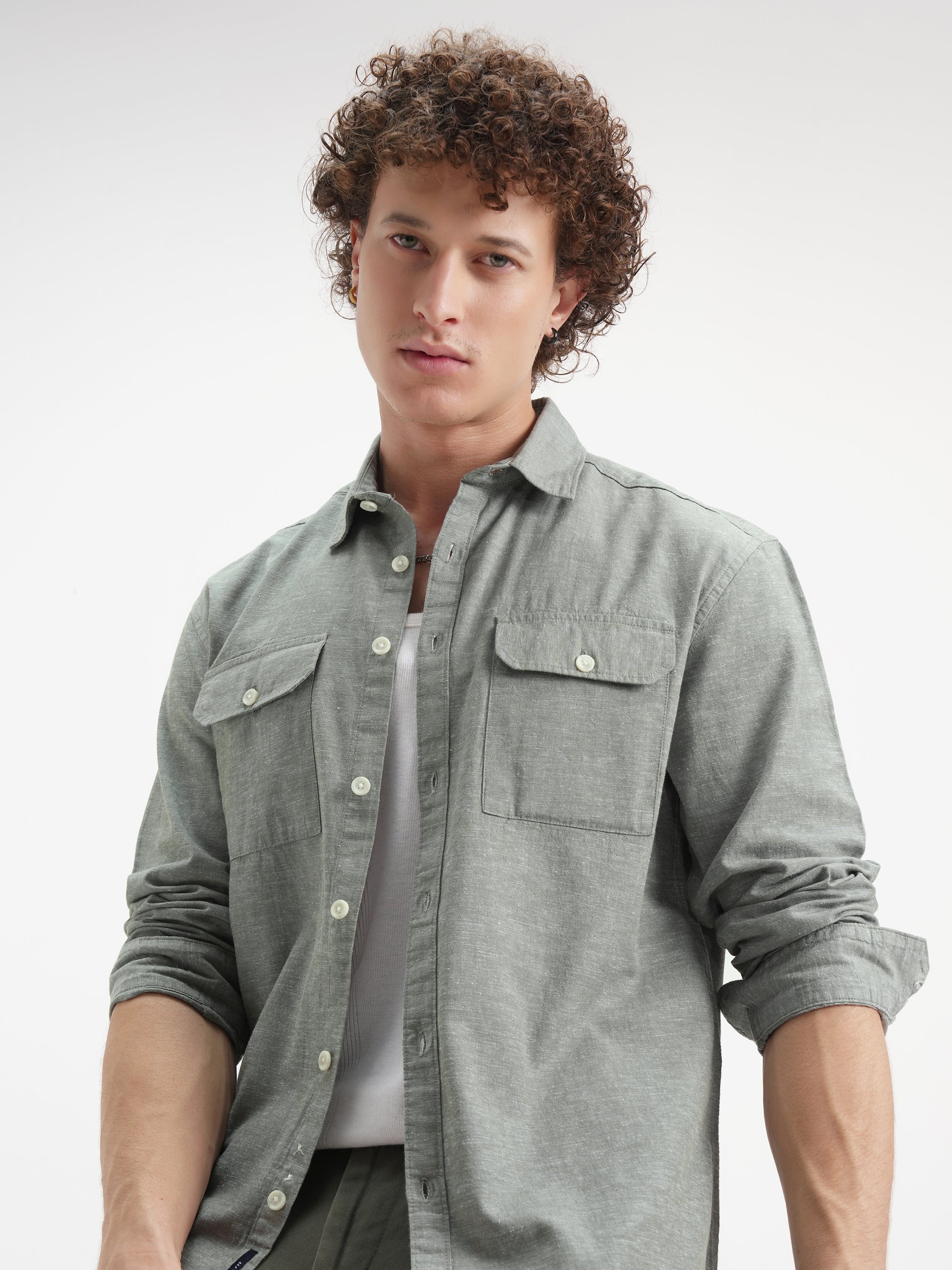 Highlander Men Olive Self Design Relaxed Fit Casual Shirt - Olive - Image 1