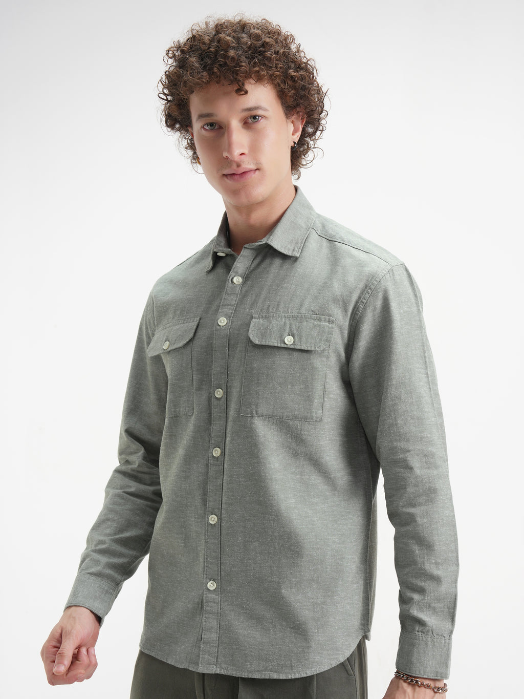 Highlander Men Olive Self Design Relaxed Fit Casual Shirt - Olive - Image 4