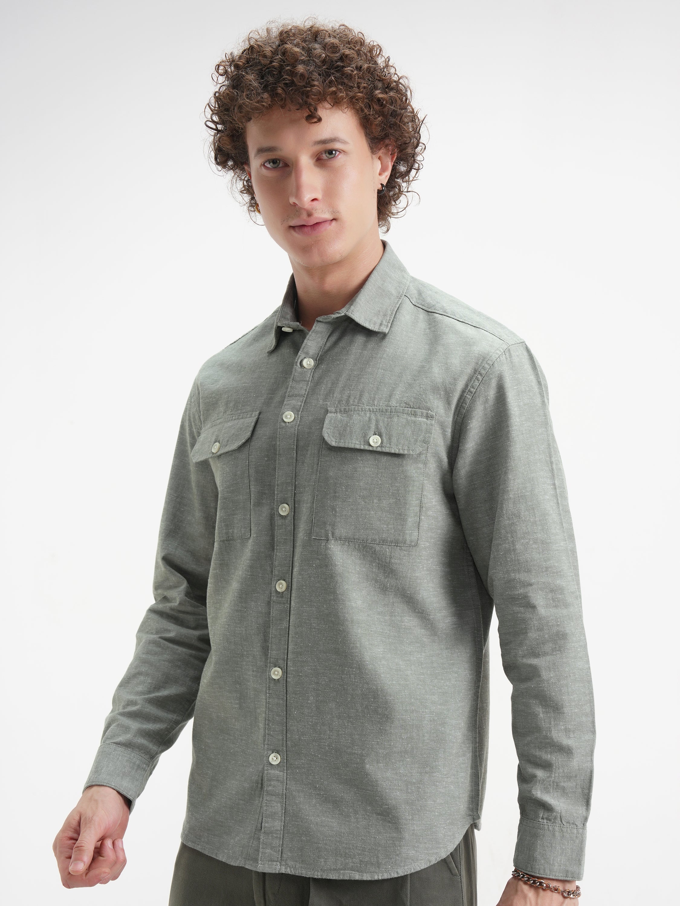 Highlander Men Olive Self Design Relaxed Fit Casual Shirt - Olive - Image 4