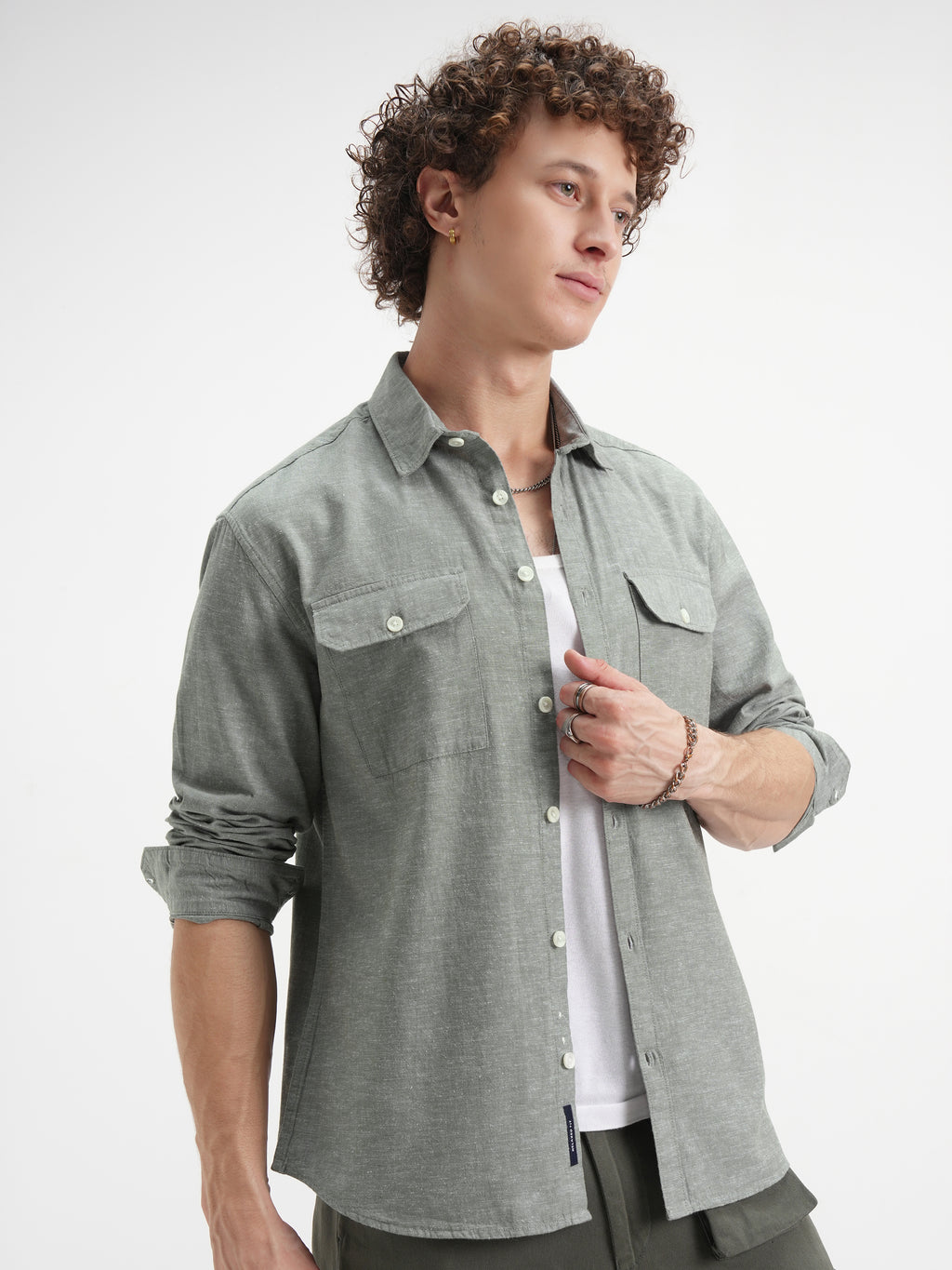 Highlander Men Olive Self Design Relaxed Fit Casual Shirt - Olive - Image 6