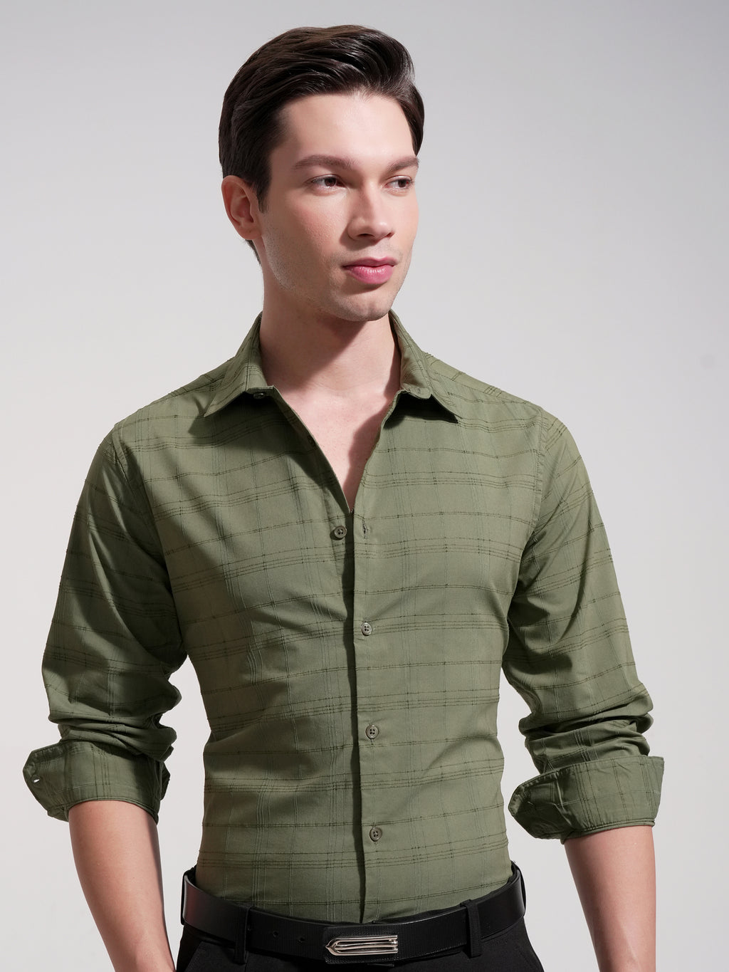 Highlander Men Olive Self Design Slim Fit Casual Shirt - Olive - Image 1