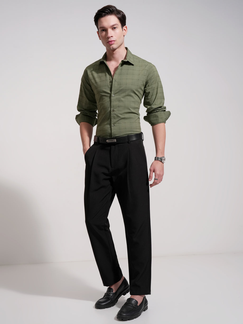 Highlander Men Olive Self Design Slim Fit Casual Shirt - Olive - Image 2