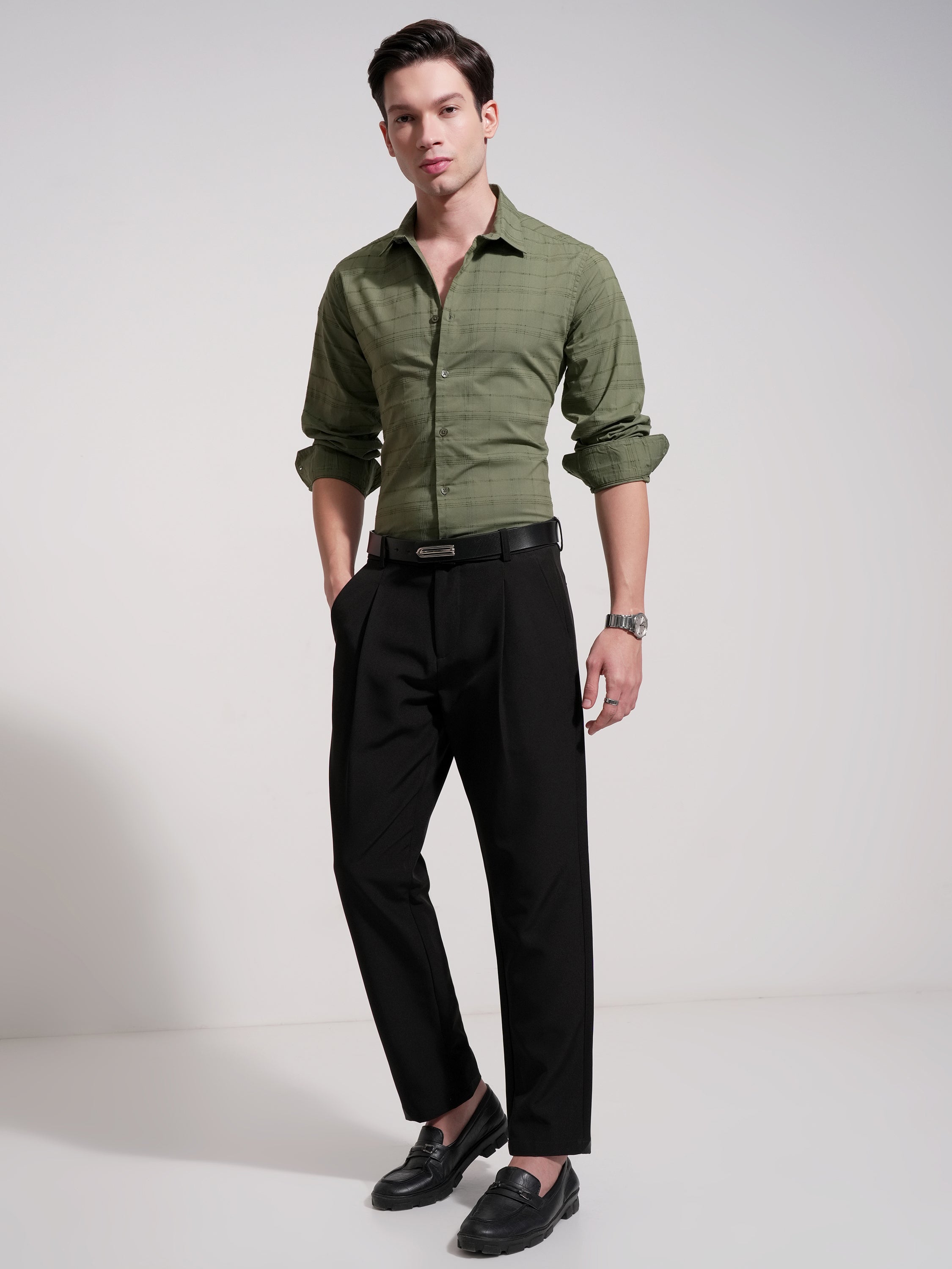 Highlander Men Olive Self Design Slim Fit Casual Shirt - Olive - Image 2