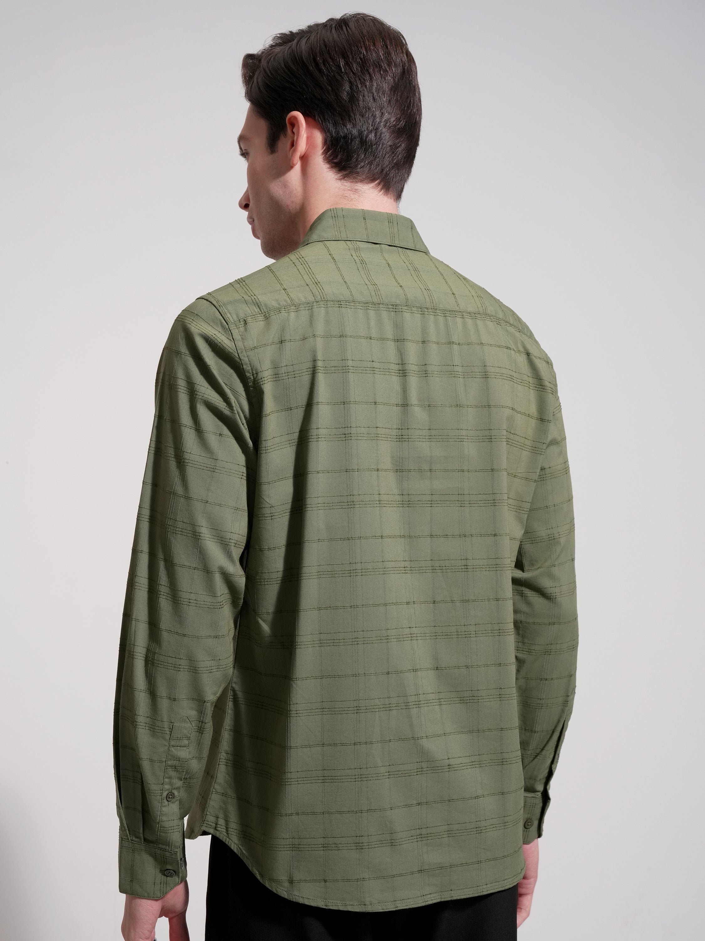 Highlander Men Olive Self Design Slim Fit Casual Shirt - Olive - Image 3