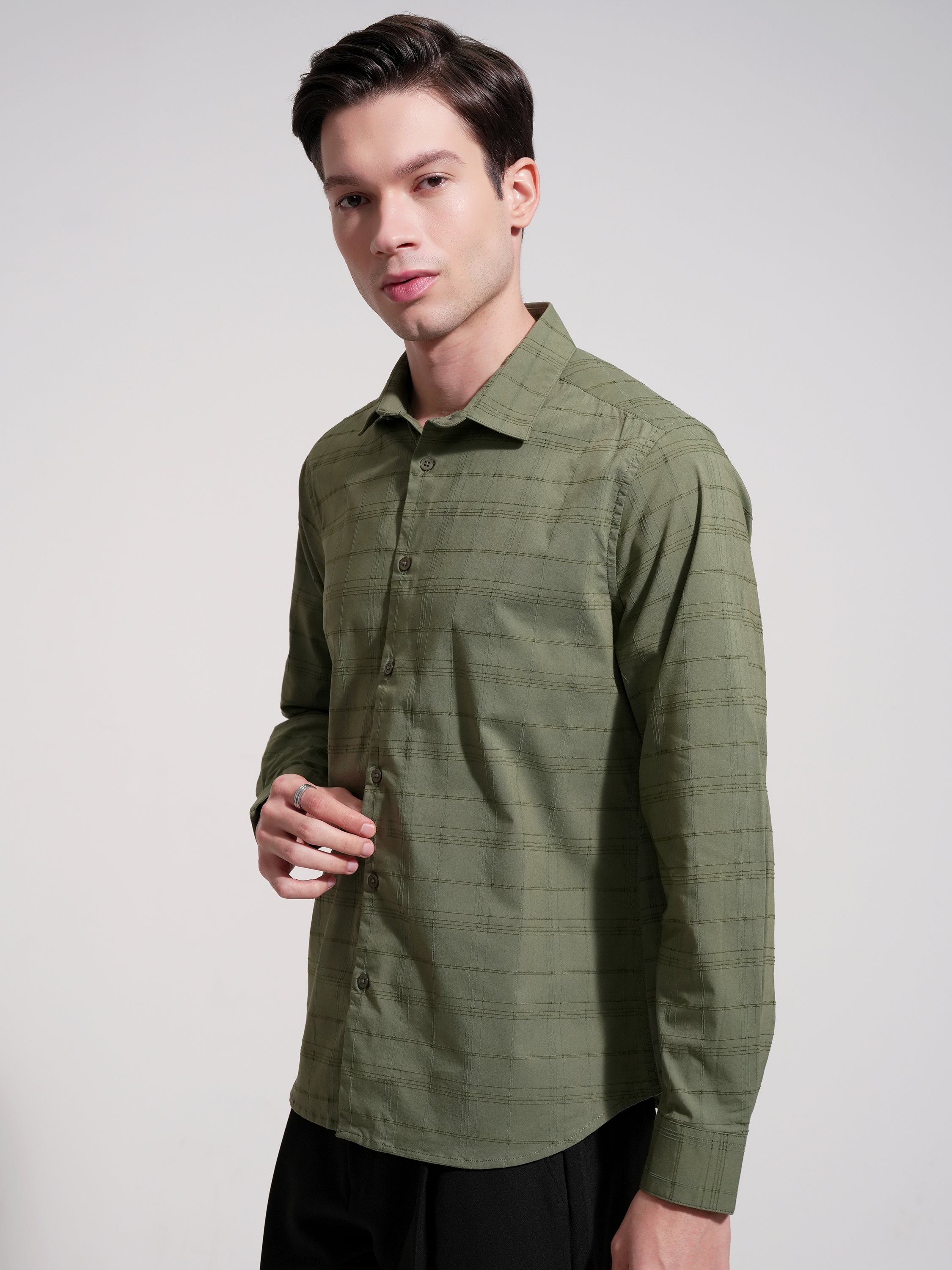 Highlander Men Olive Self Design Slim Fit Casual Shirt - Olive - Image 4