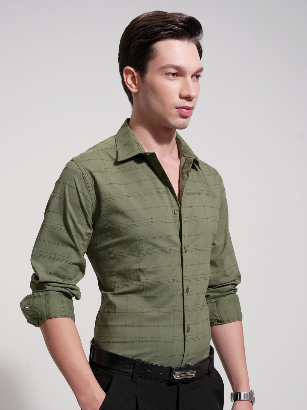 Highlander Men Olive Self Design Slim Fit Casual Shirt - Olive - Image 6