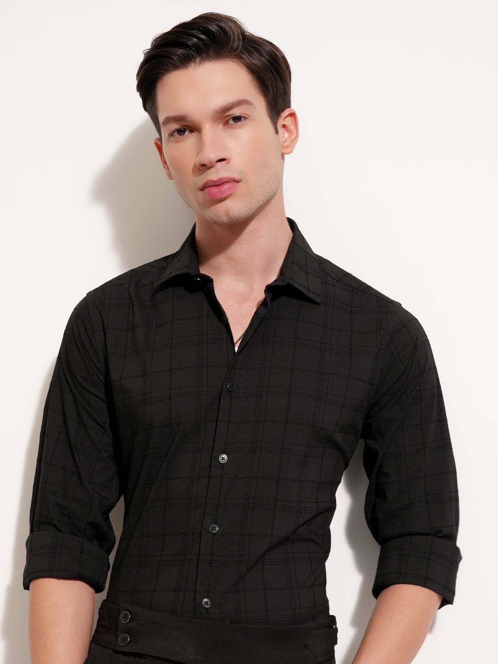 Highlander Men Black Self Design Slim Fit Casual Shirt - Black - Image 1