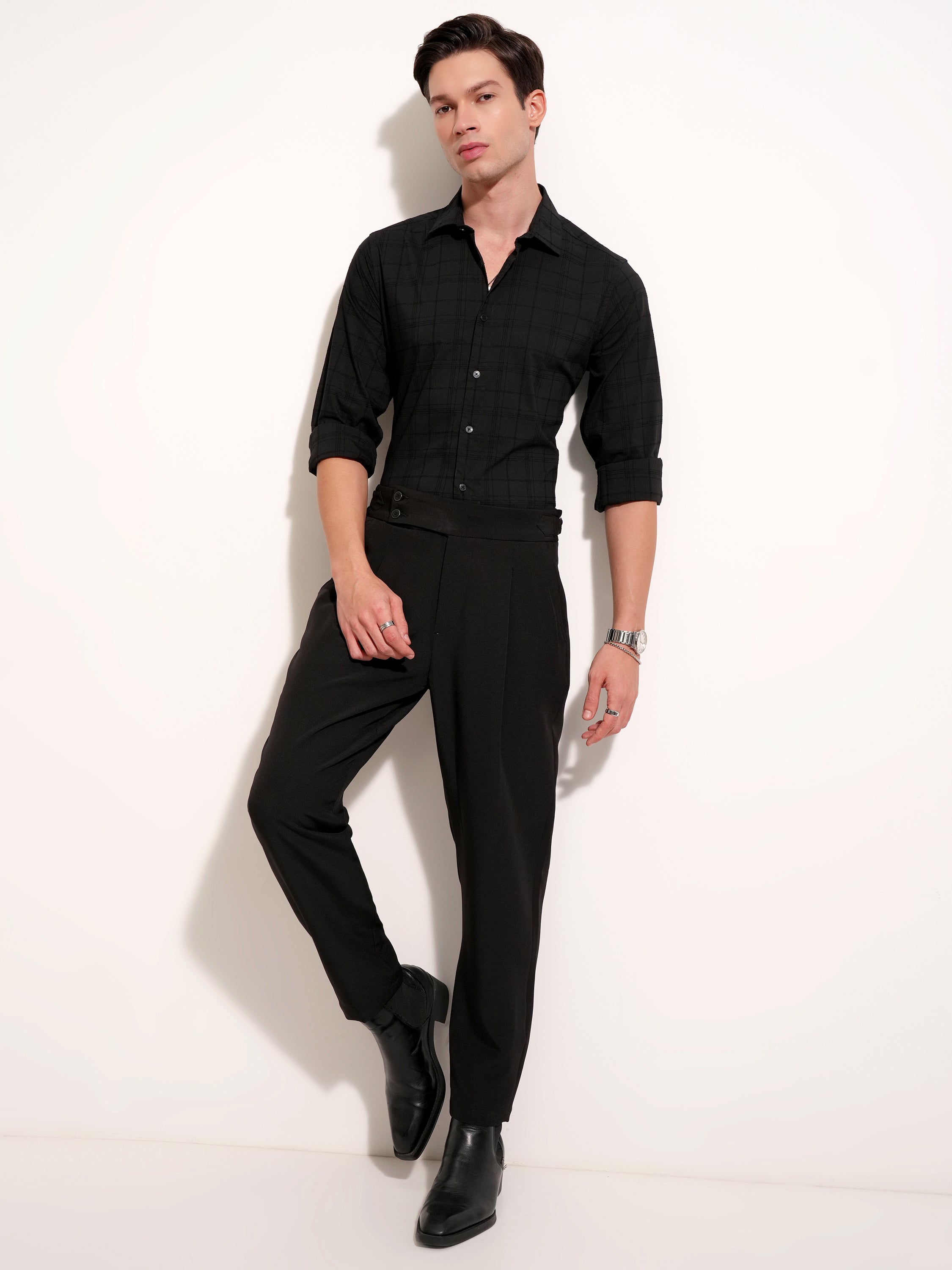 Highlander Men Black Self Design Slim Fit Casual Shirt - Black - Image 3