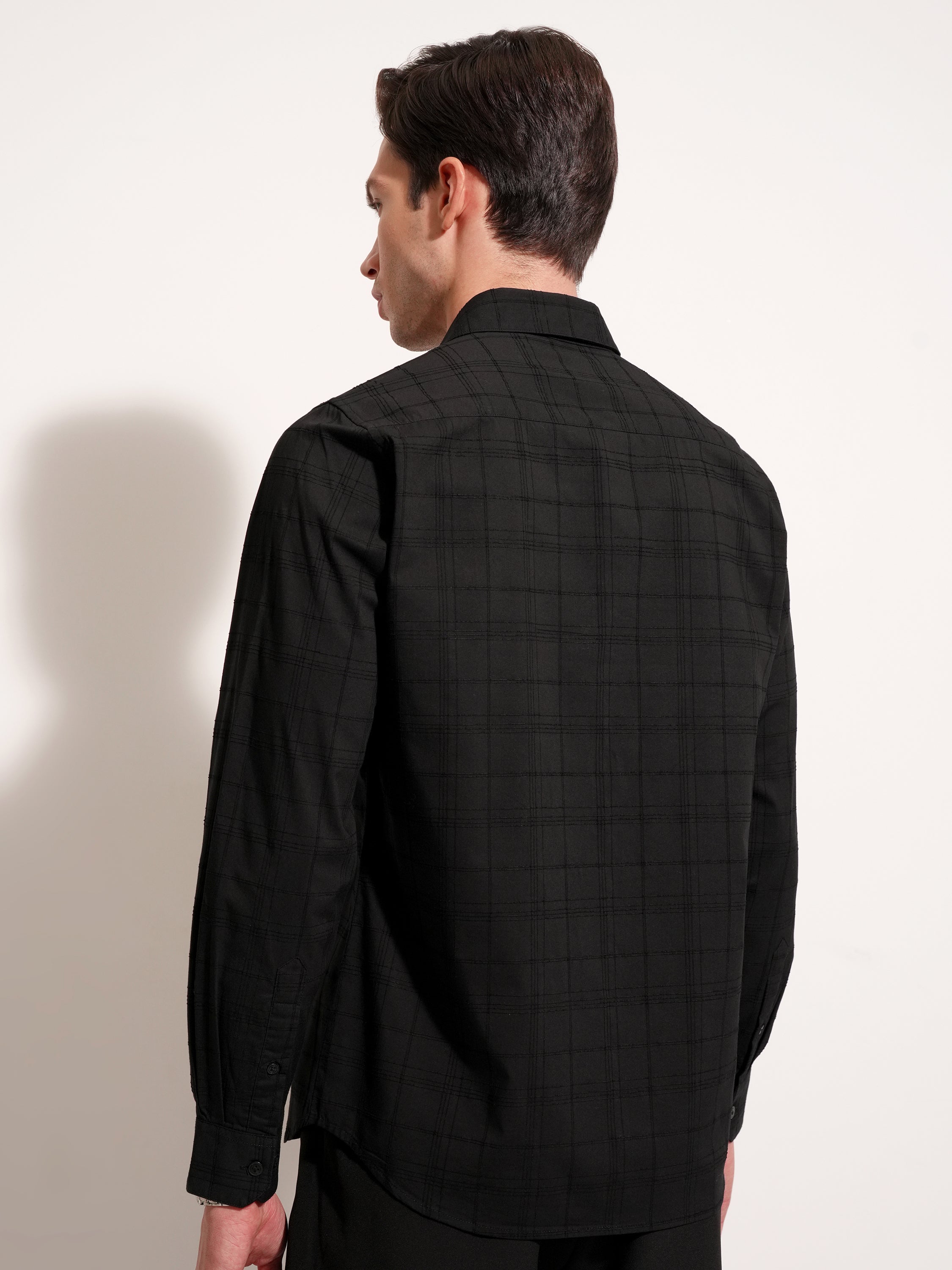 Highlander Men Black Self Design Slim Fit Casual Shirt - Black - Image 5