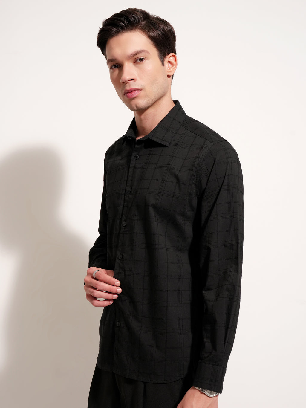 Highlander Men Black Self Design Slim Fit Casual Shirt - Black - Image 7