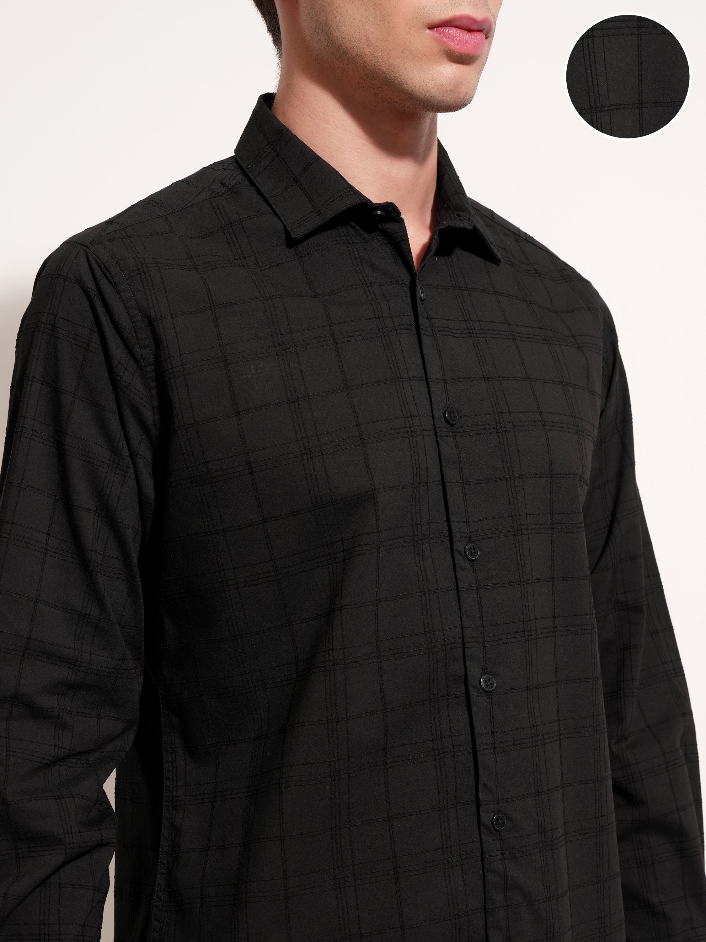 Highlander Men Black Self Design Slim Fit Casual Shirt - Black - Image 8