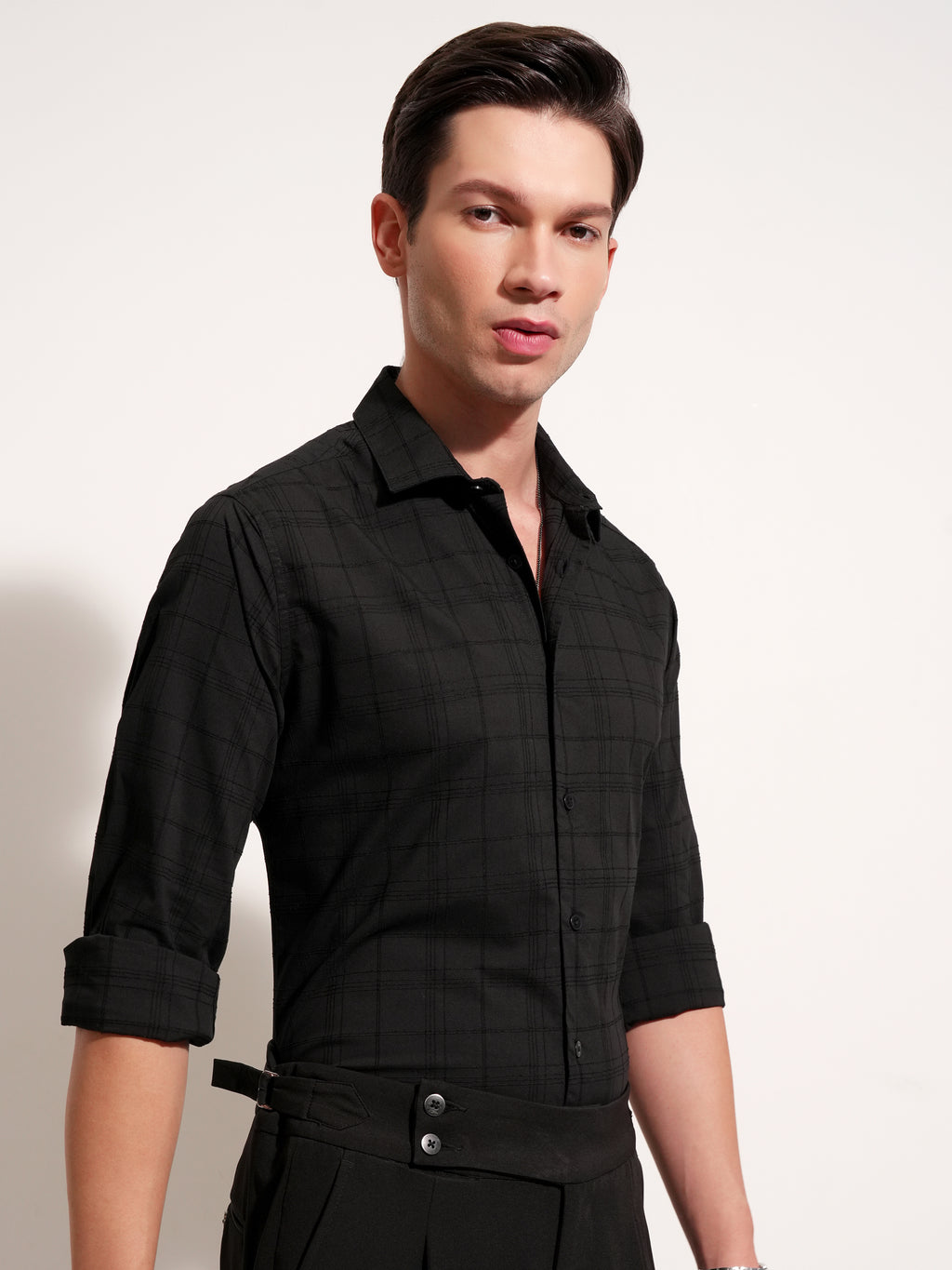 Highlander Men Black Self Design Slim Fit Casual Shirt - Black - Image 10