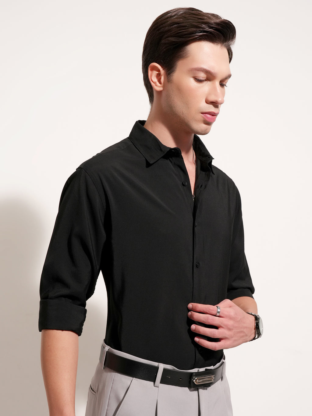 Highlander Men Black Solid Slim Fit Casual Shirt - Black - Image 10