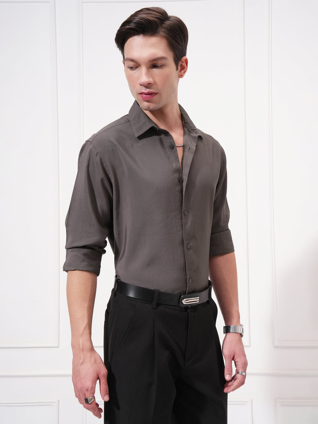 Highlander Men Charcoal Solid Slim Fit Casual Shirt - Charcoal - Image 6