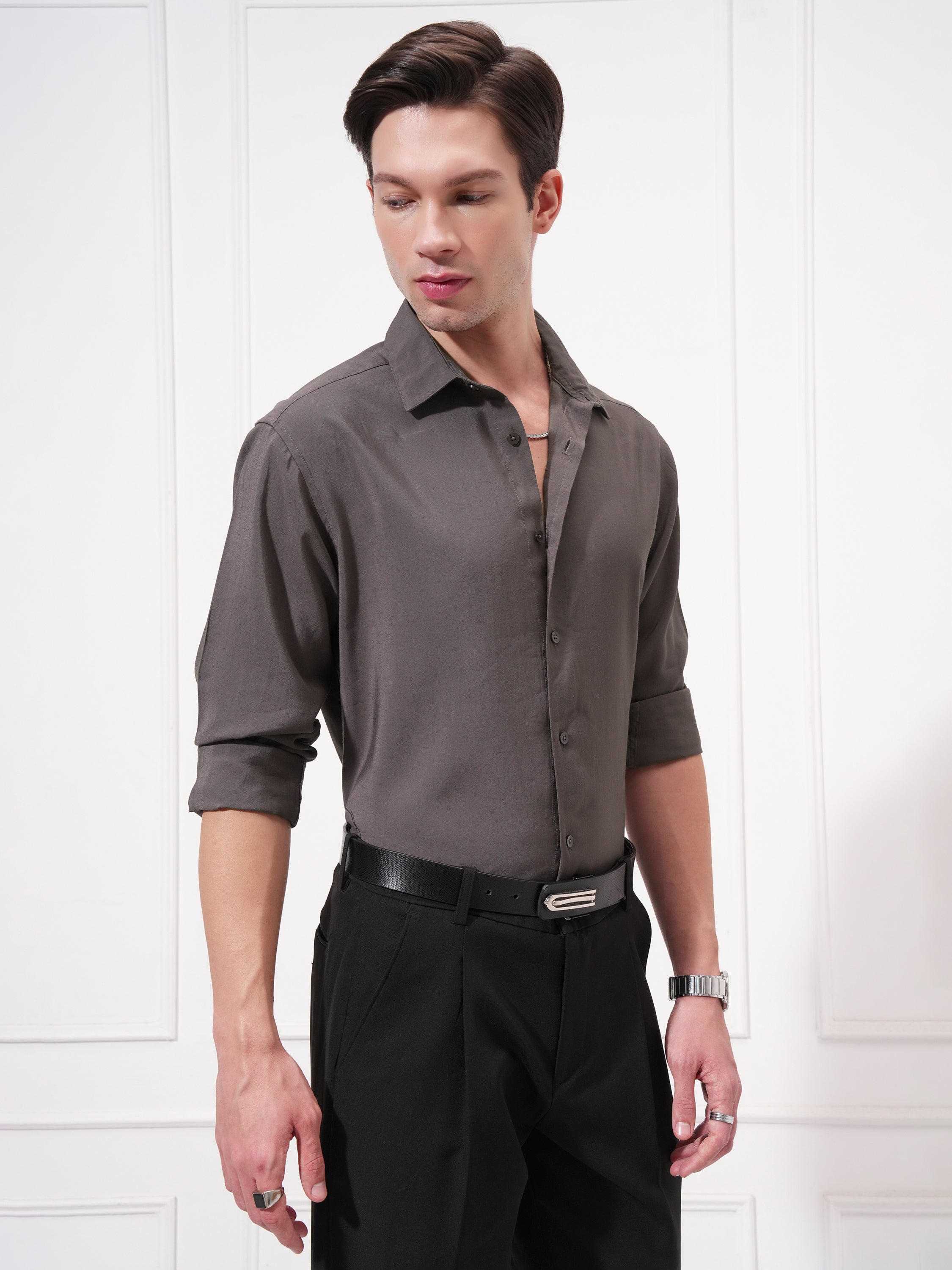 Highlander Men Charcoal Solid Slim Fit Casual Shirt - Charcoal - Image 6
