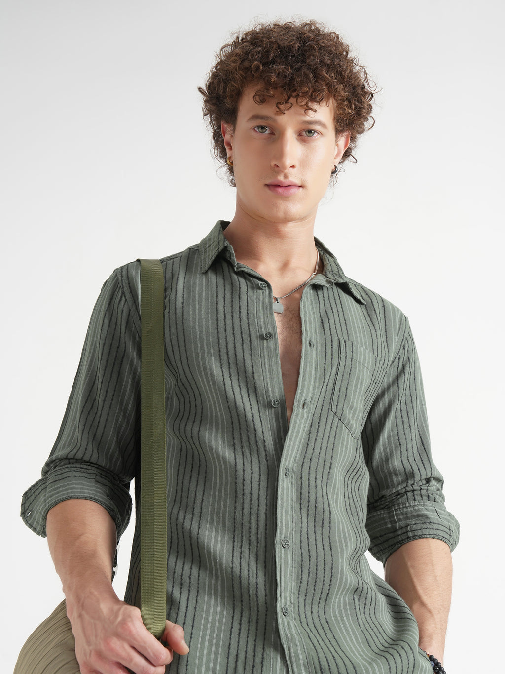 Highlander Men Green Striped Slim Fit Casual Shirt - Green - Image 1