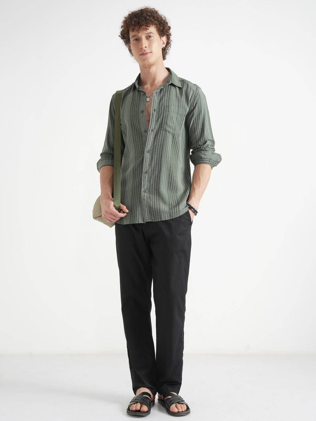 Highlander Men Green Striped Slim Fit Casual Shirt - Green - Image 2