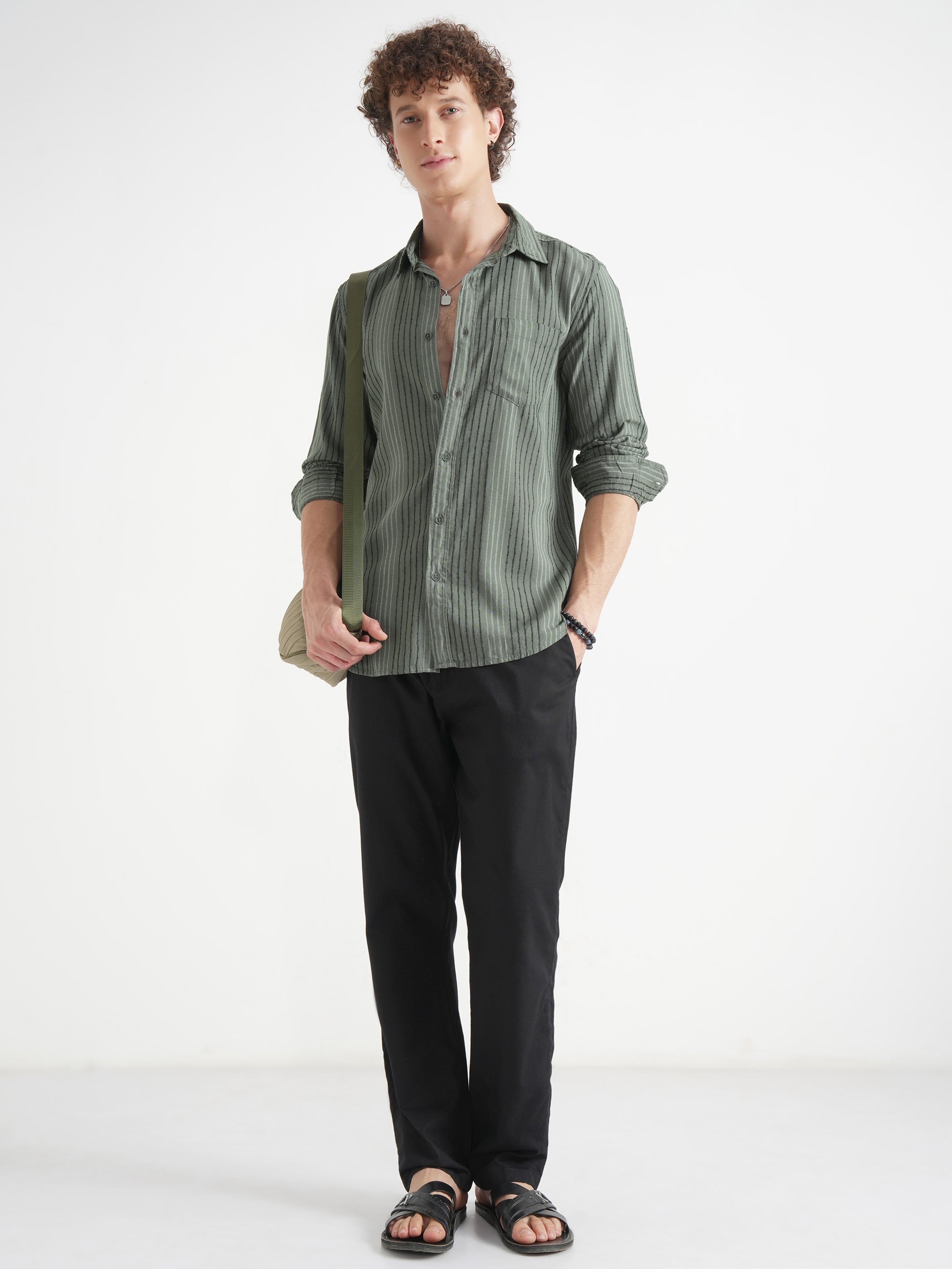 Highlander Men Green Striped Slim Fit Casual Shirt - Green - Image 2
