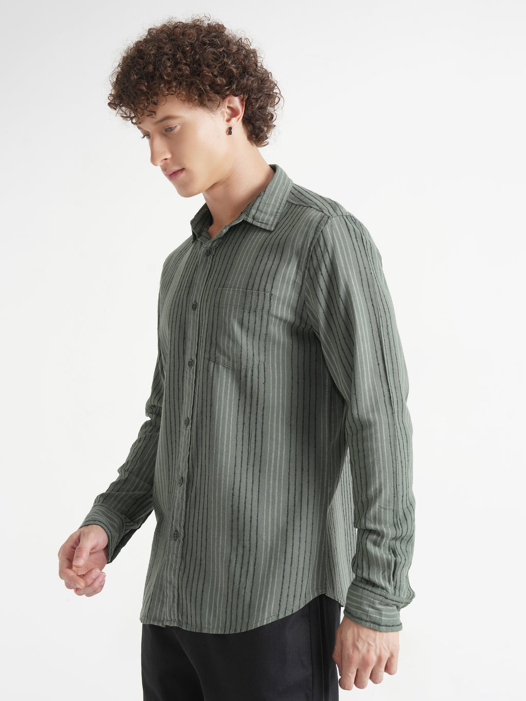 Highlander Men Green Striped Slim Fit Casual Shirt - Green - Image 4