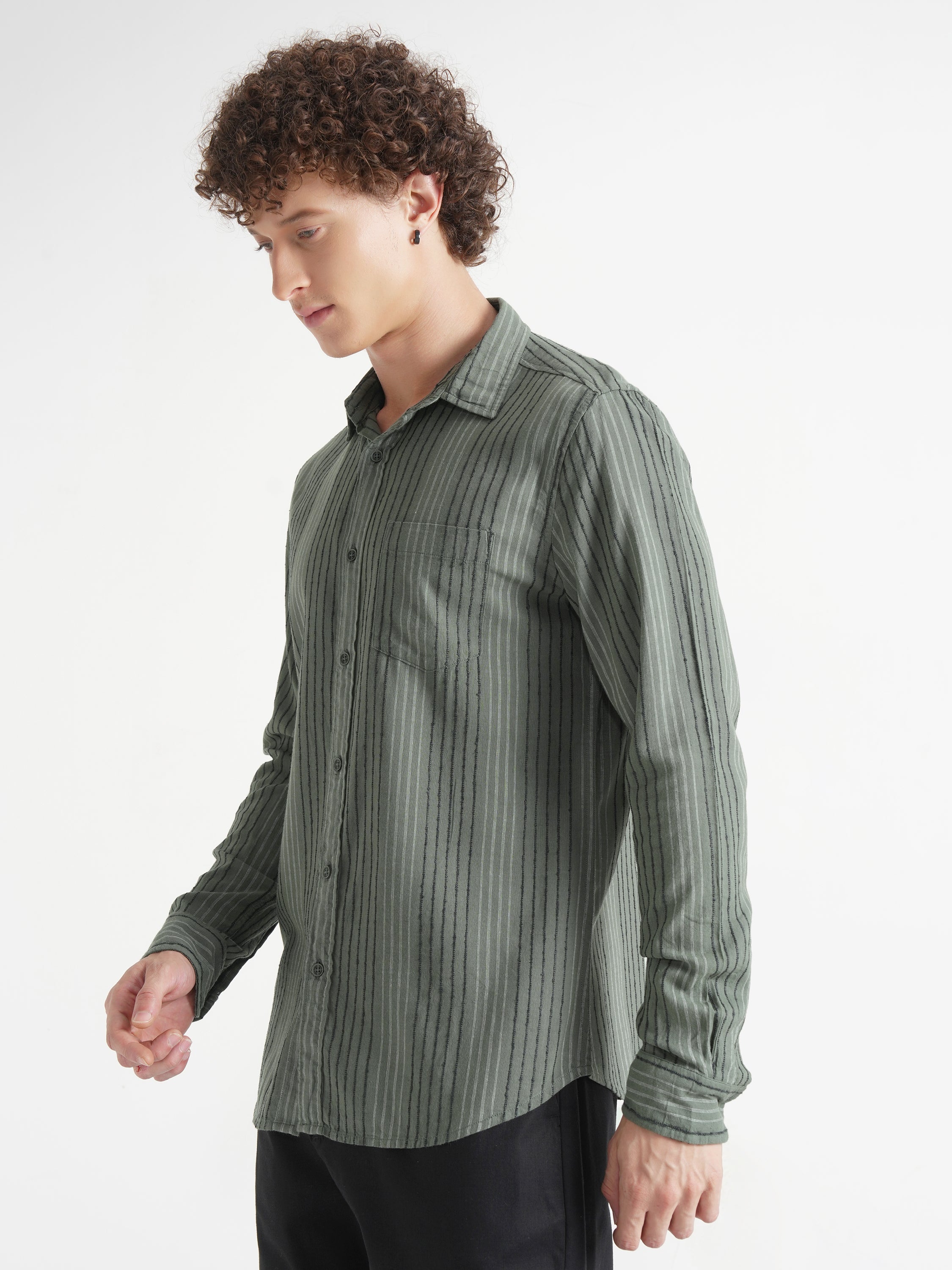 Highlander Men Green Striped Slim Fit Casual Shirt - Green - Image 4