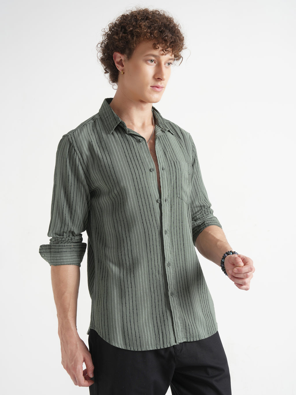 Highlander Men Green Striped Slim Fit Casual Shirt - Green - Image 6