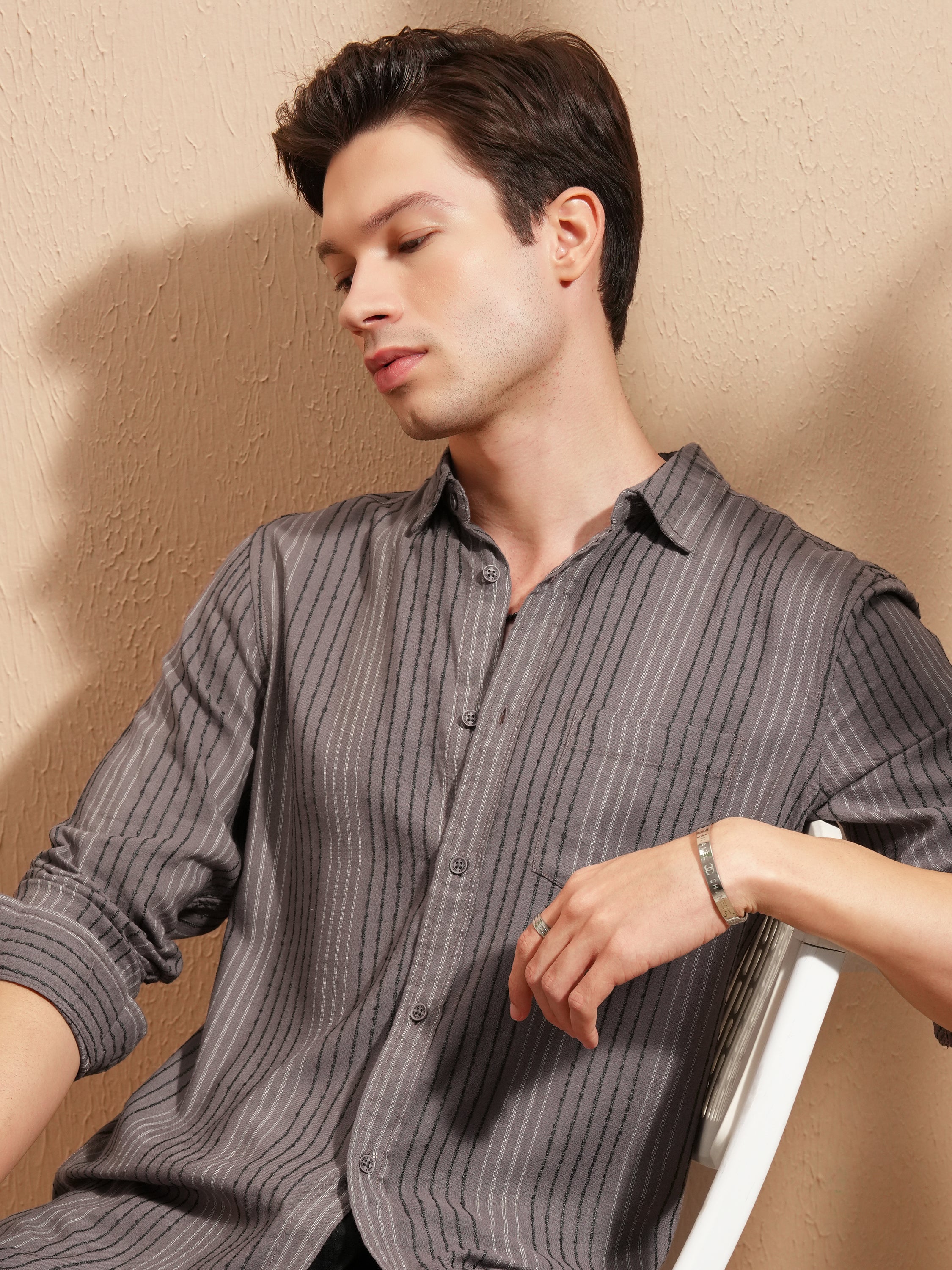 Highlander Men Lavender Striped Slim Fit Casual Shirt - Lavender - Image 1