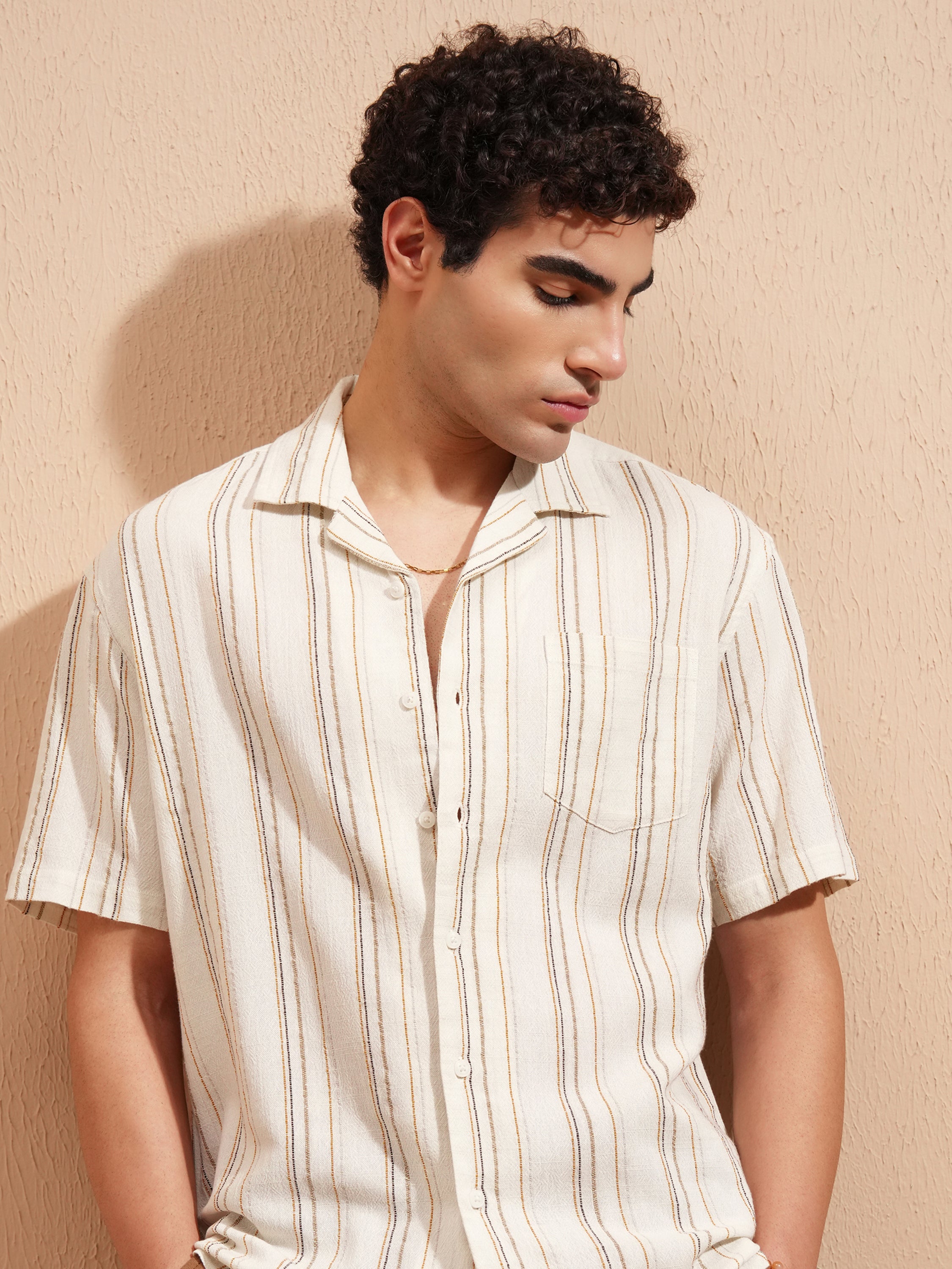 Highlander Men Cream Striped Relaxed Fit Casual Shirt - Cream - Image 1