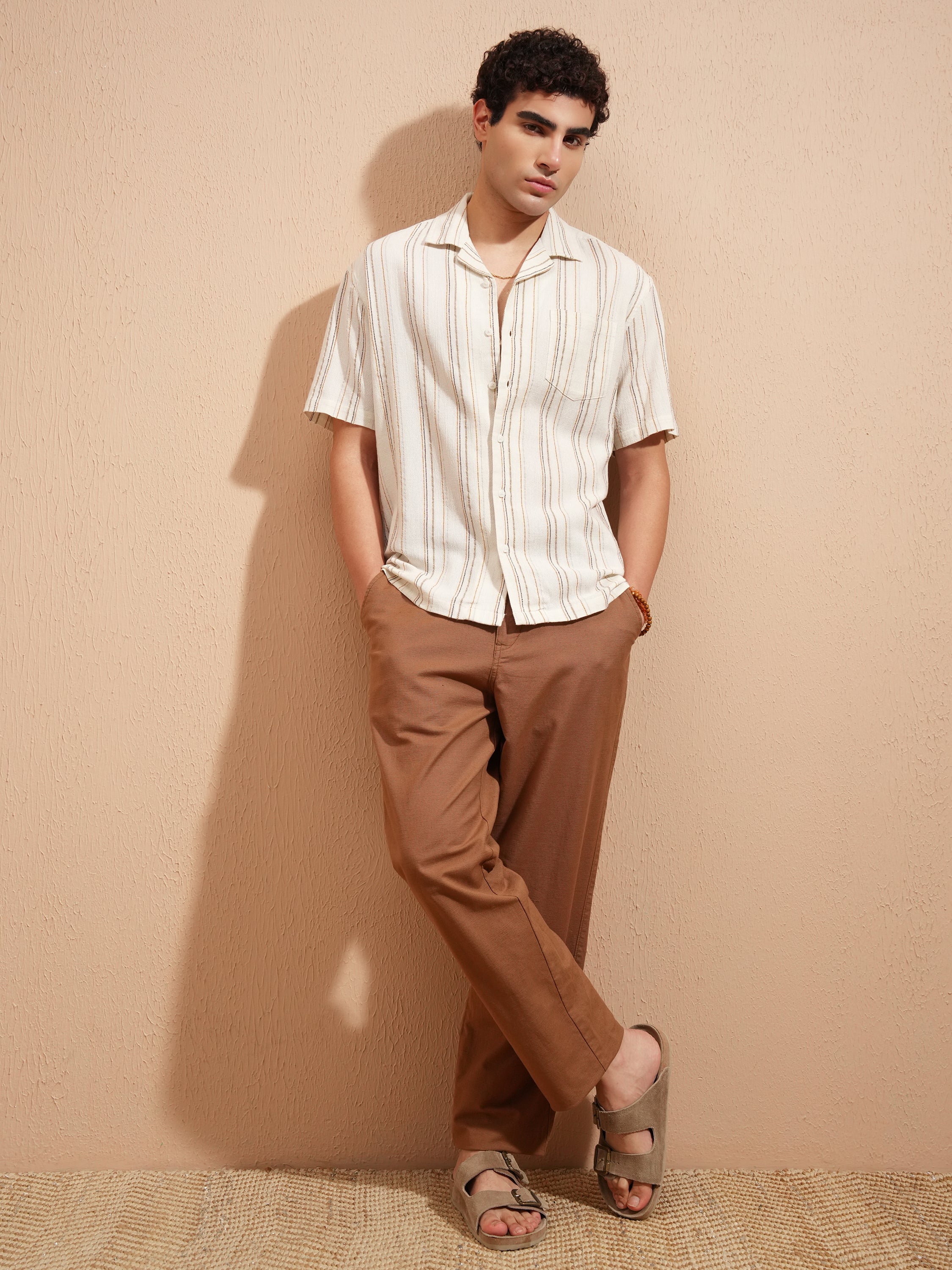 Highlander Men Cream Striped Relaxed Fit Casual Shirt - Cream - Image 2