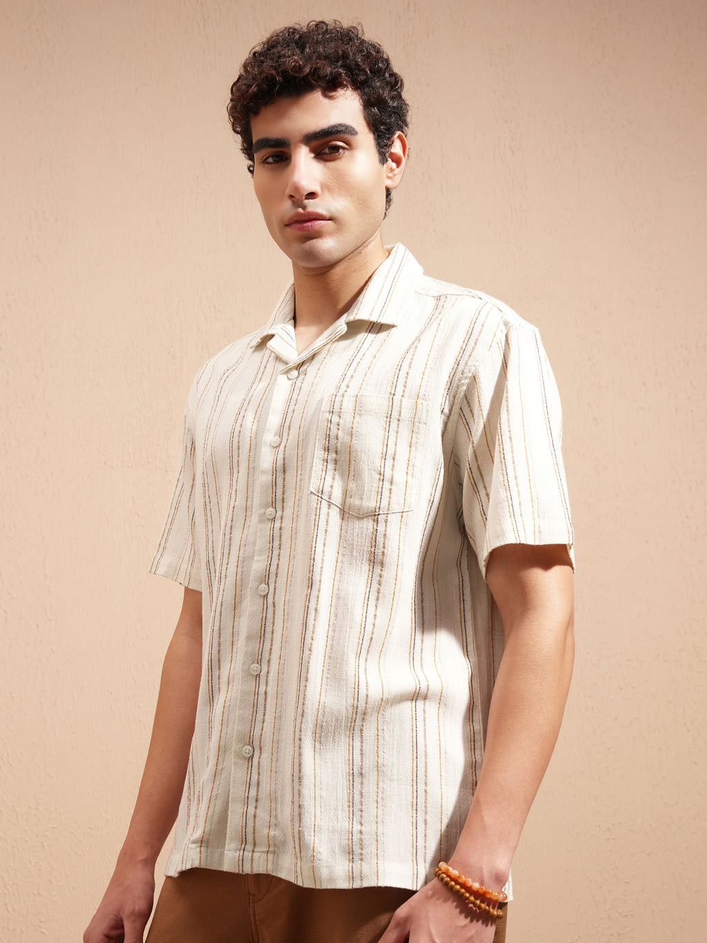 Highlander Men Cream Striped Relaxed Fit Casual Shirt - Cream - Image 4