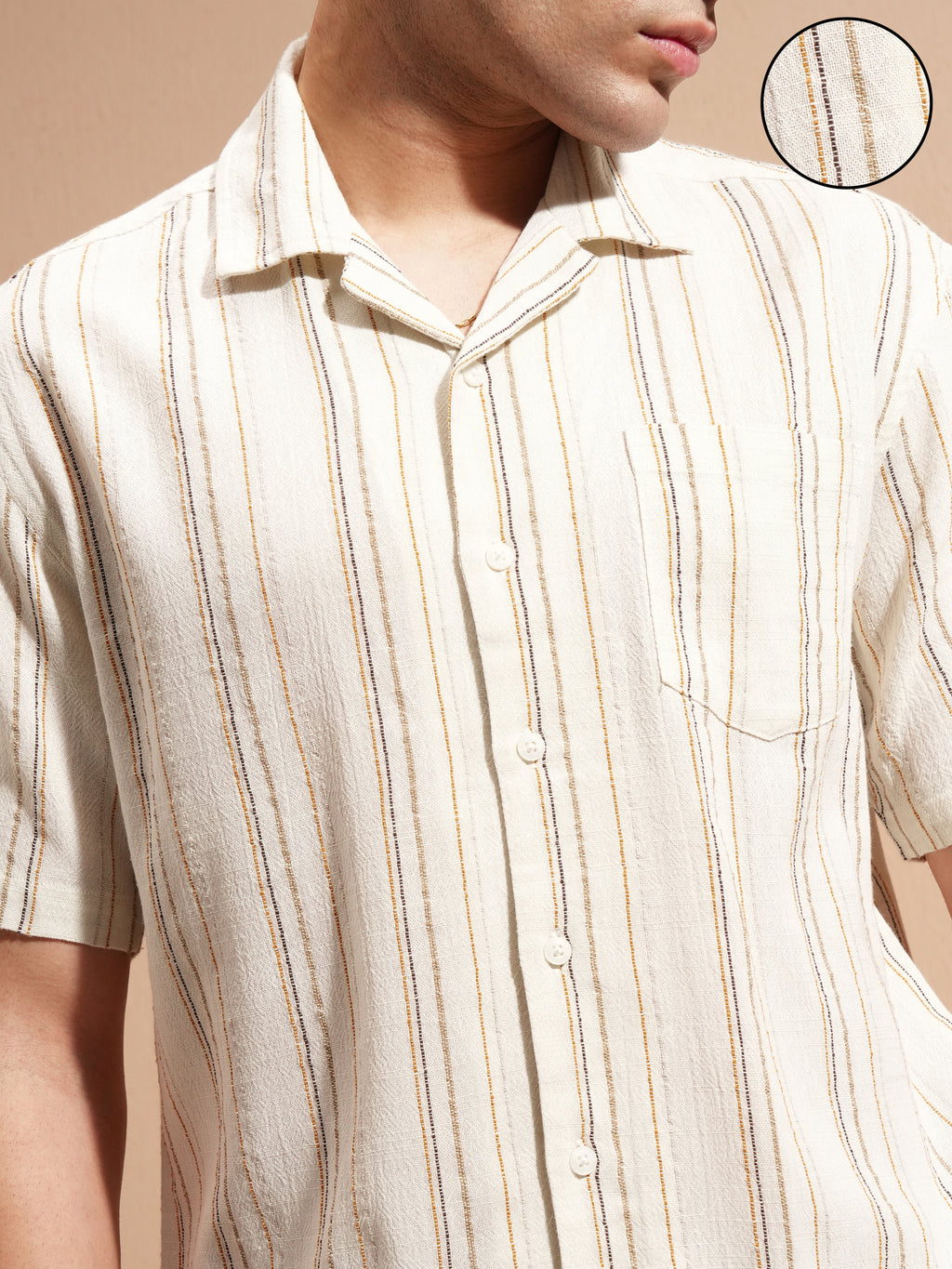 Highlander Men Cream Striped Relaxed Fit Casual Shirt - Cream - Image 5