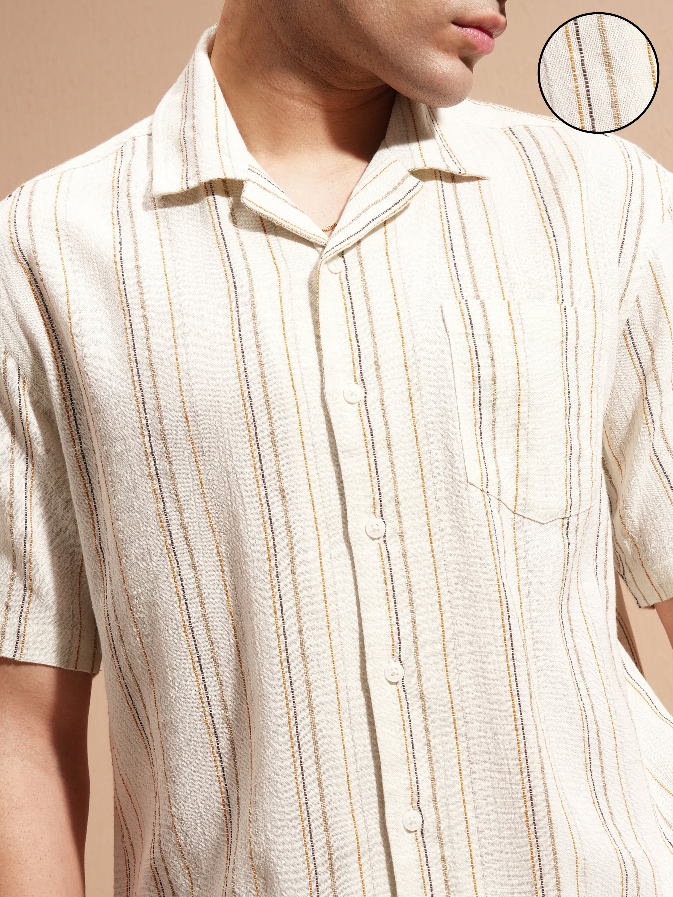 Highlander Men Cream Striped Relaxed Fit Casual Shirt - Cream - Image 5