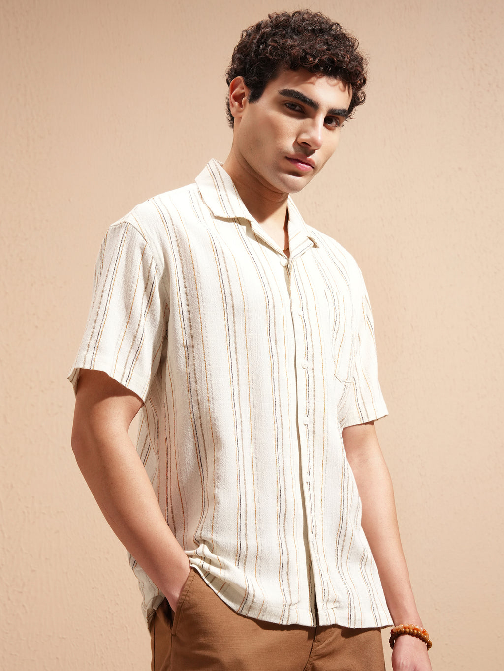 Highlander Men Cream Striped Relaxed Fit Casual Shirt - Cream - Image 6