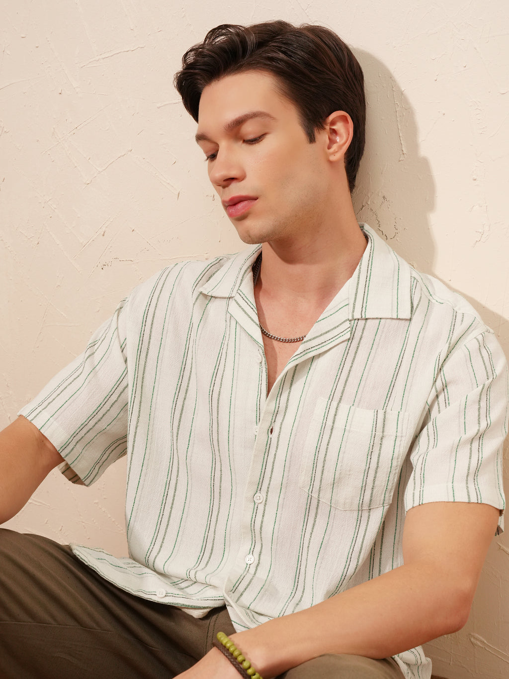 Highlander Men Cream Striped Relaxed Fit Casual Shirt - Cream - Image 1