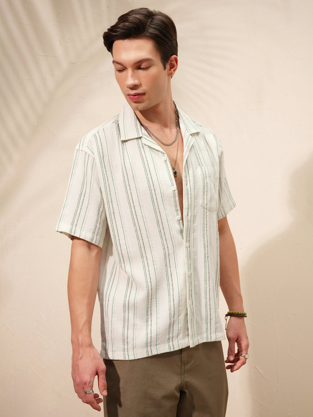 Highlander Men Cream Striped Relaxed Fit Casual Shirt - Cream - Image 6