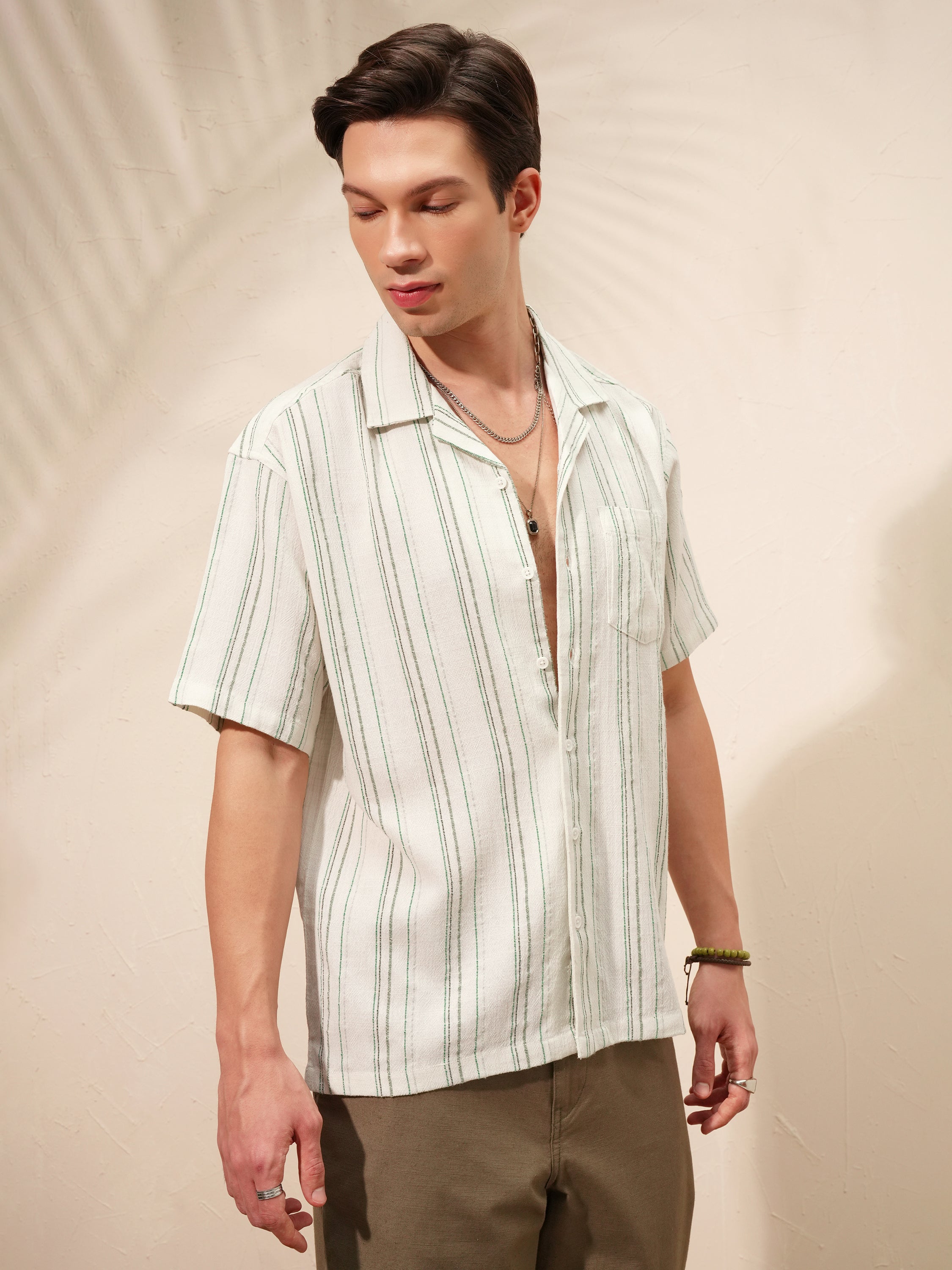 Highlander Men Cream Striped Relaxed Fit Casual Shirt - Cream - Image 6