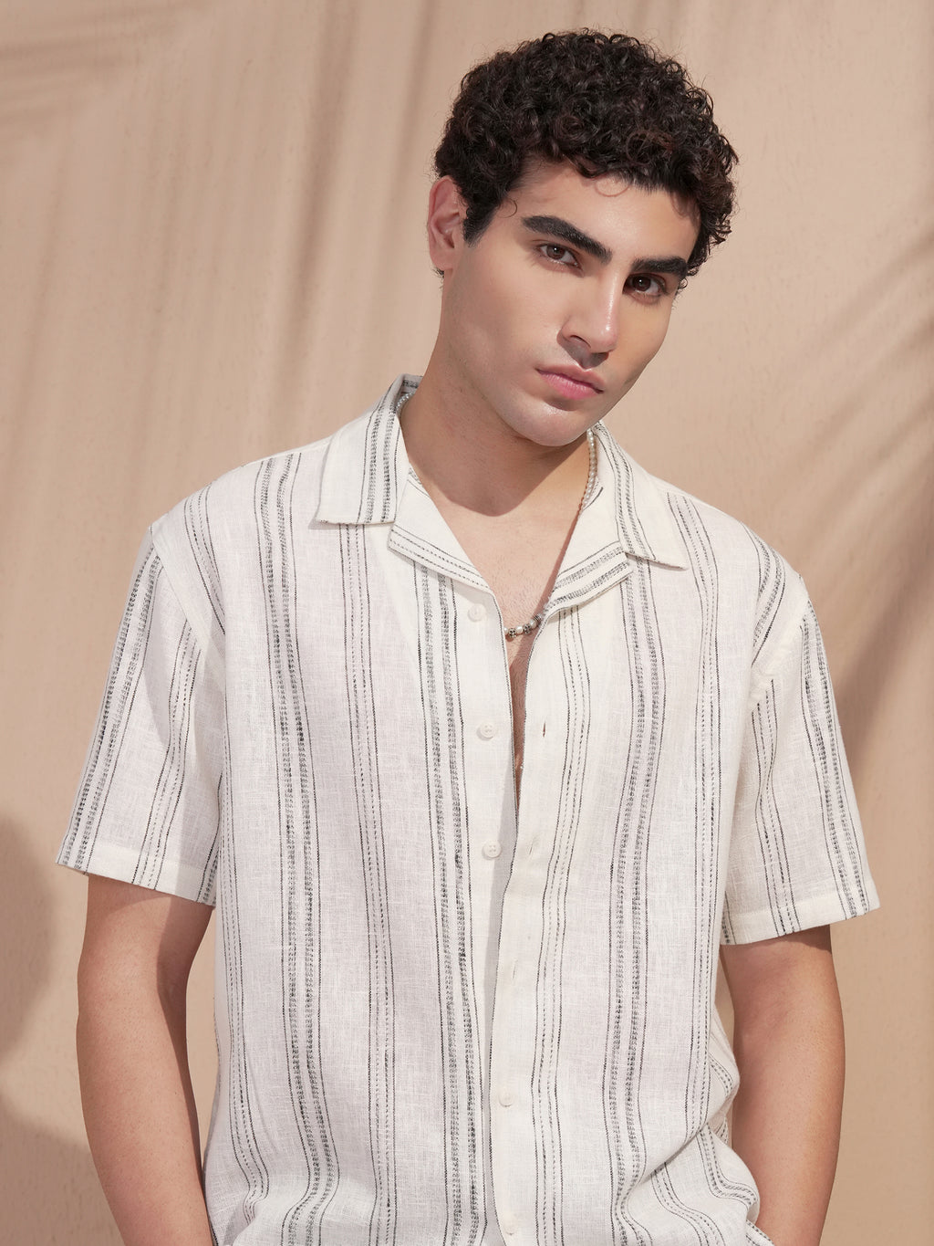 Highlander Men Cream Striped Relaxed Fit Casual Shirt - Cream - Image 1