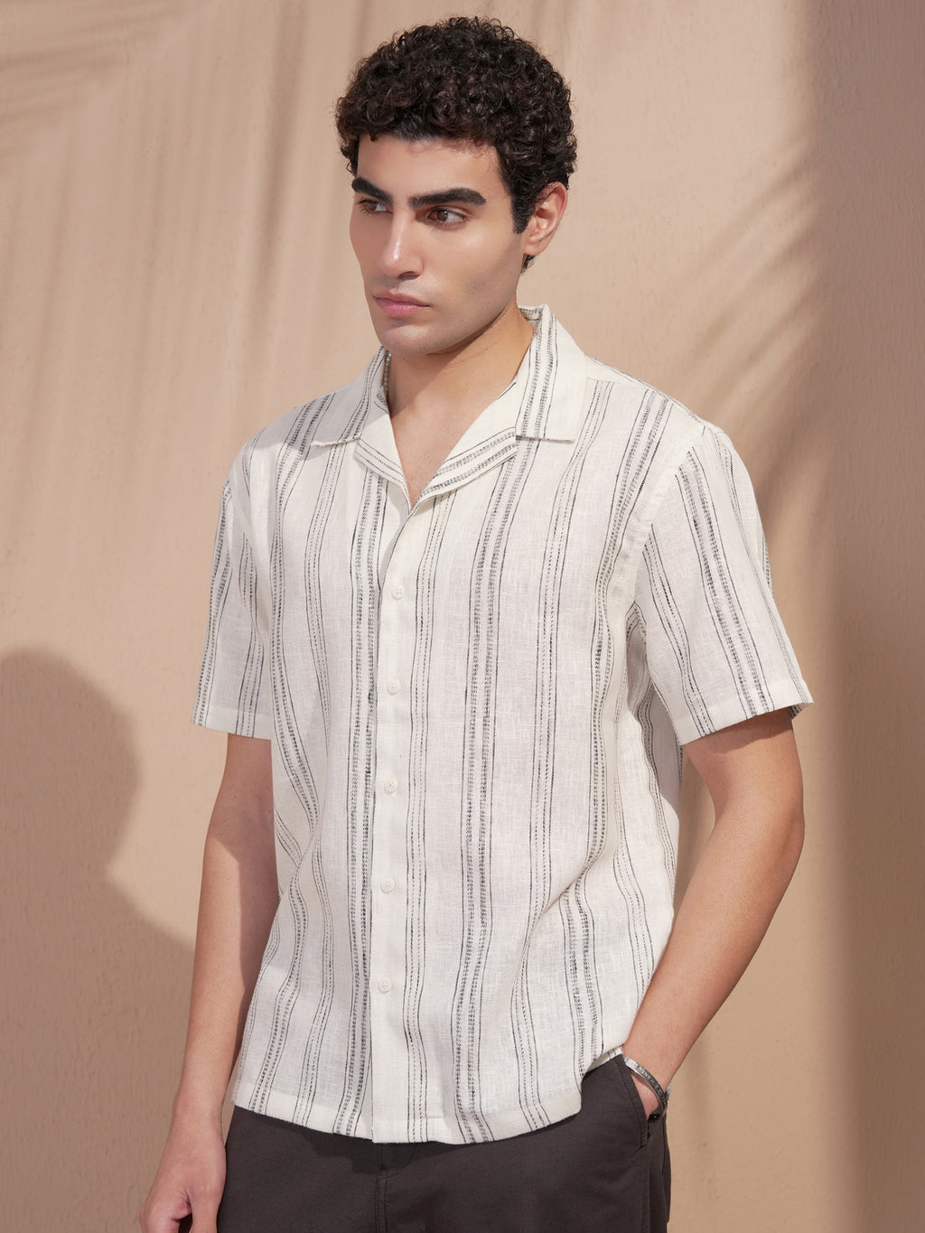 Highlander Men Cream Striped Relaxed Fit Casual Shirt - Cream - Image 4