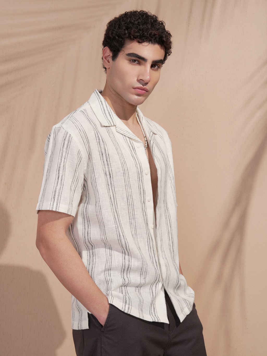 Highlander Men Cream Striped Relaxed Fit Casual Shirt - Cream - Image 6