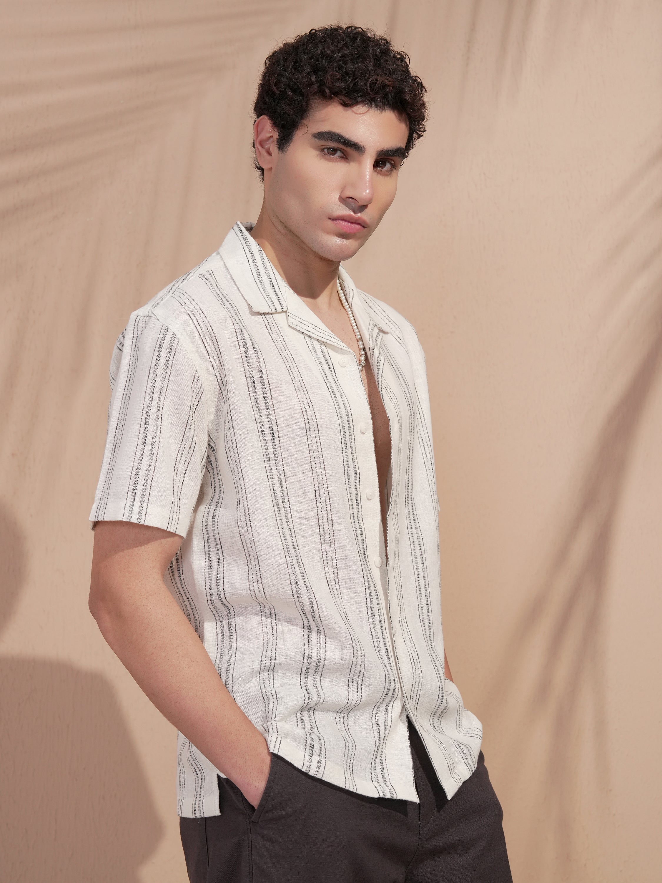 Highlander Men Cream Striped Relaxed Fit Casual Shirt - Cream - Image 6