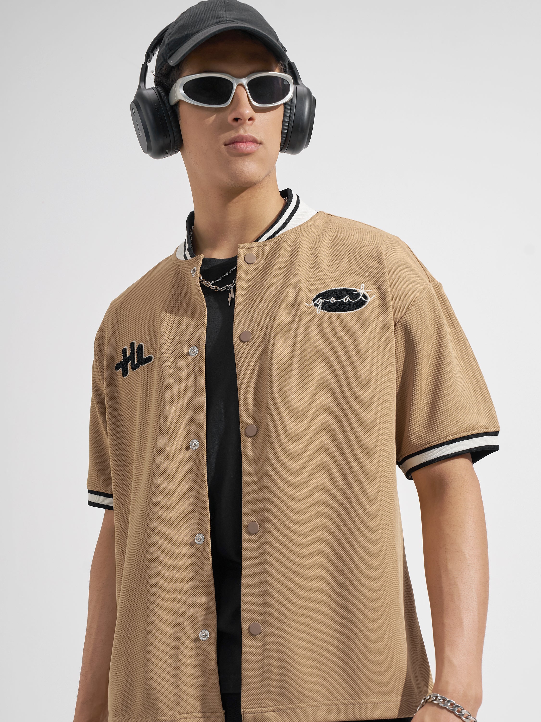 Highlander Men Tan Embroidered Relaxed Fit Casual Shirt