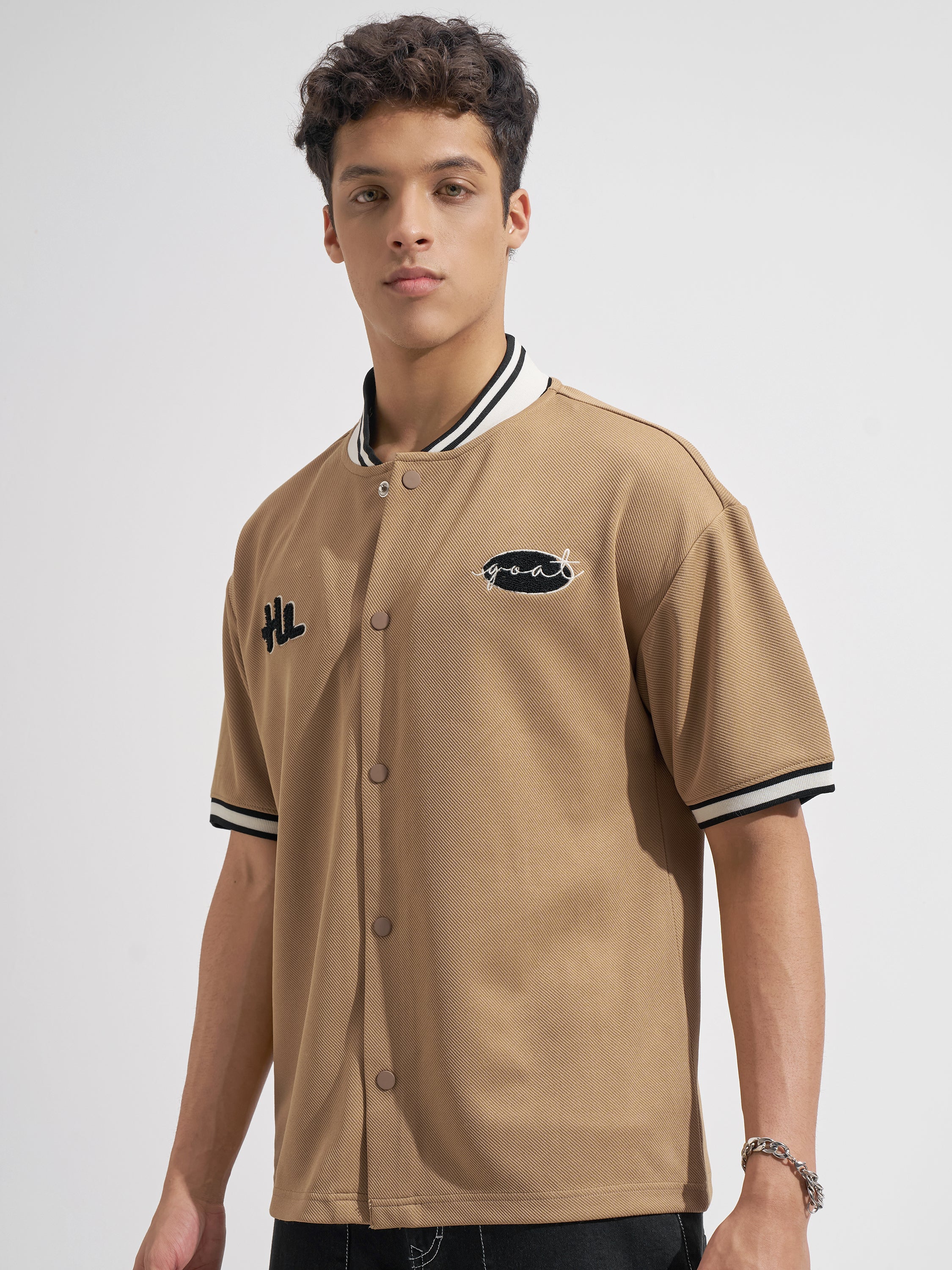 Highlander Men Tan Embroidered Relaxed Fit Casual Shirt