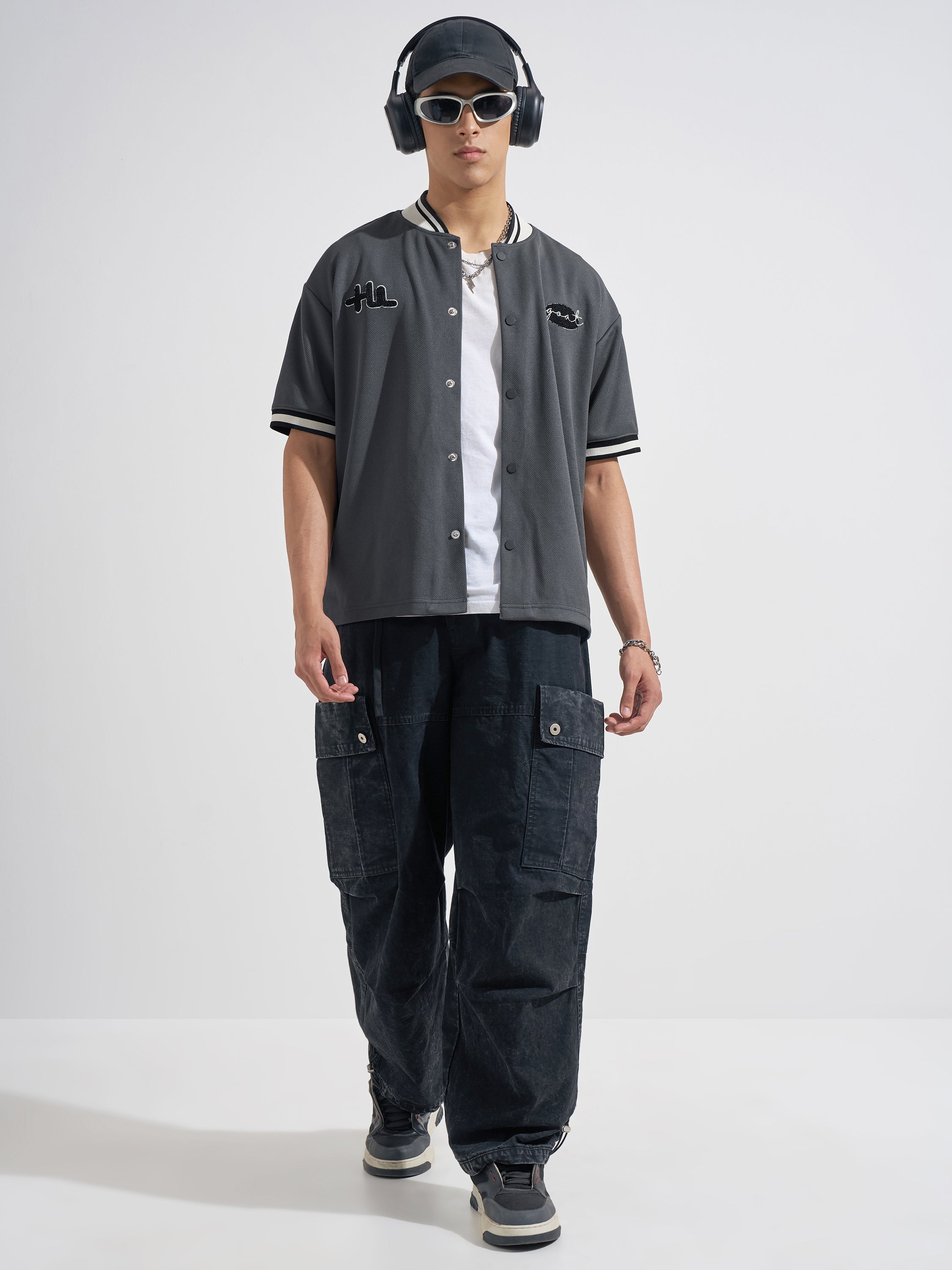 Highlander Men Grey Embroidered Relaxed Fit Casual Shirt