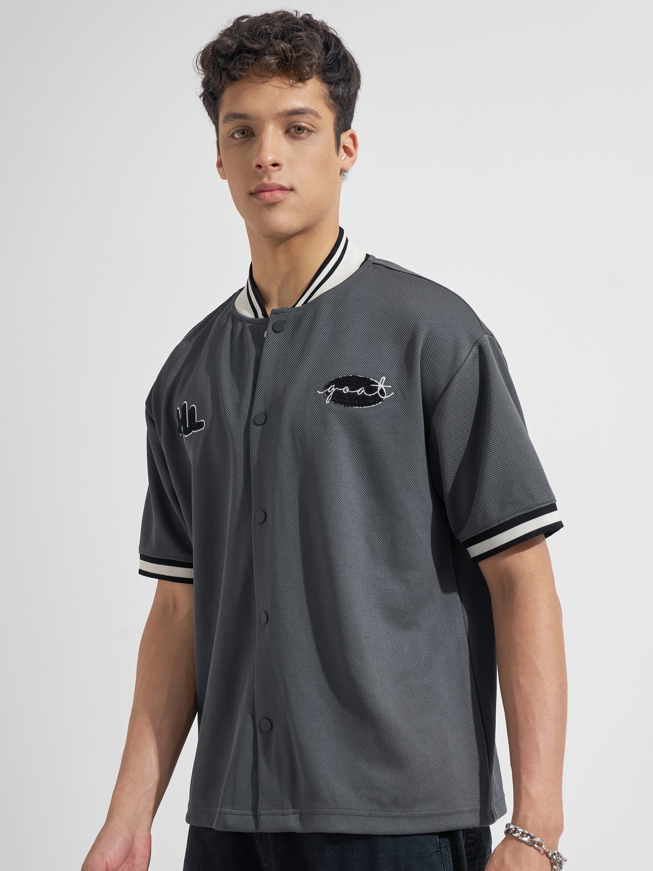 Highlander Men Grey Embroidered Relaxed Fit Casual Shirt