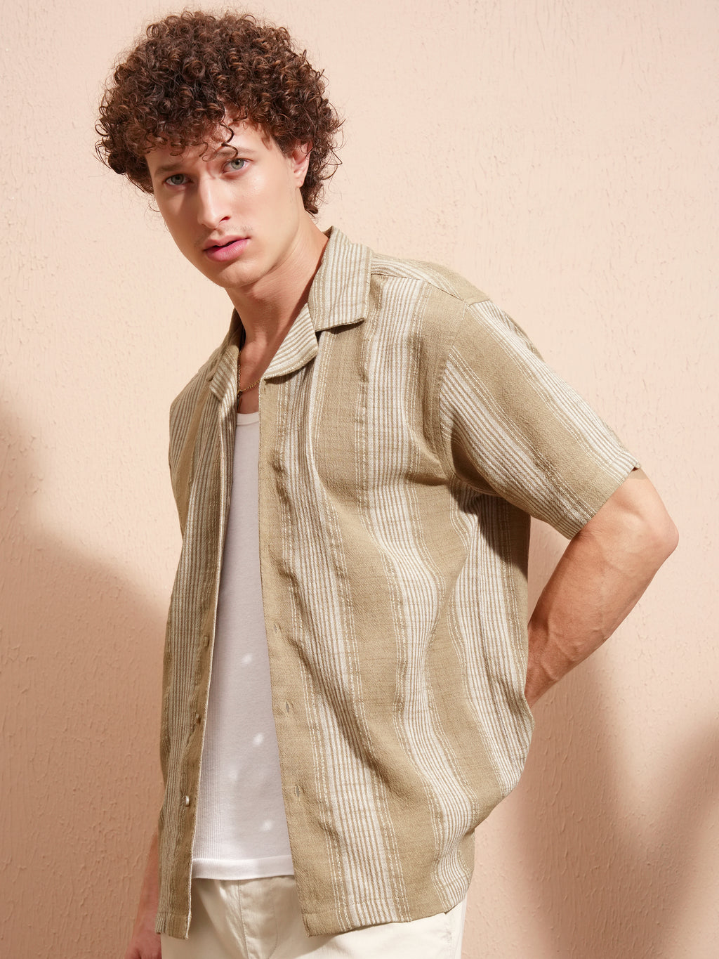 Highlander Men Khaki Striped Relaxed Fit Casual Shirt - Khaki - Image 4