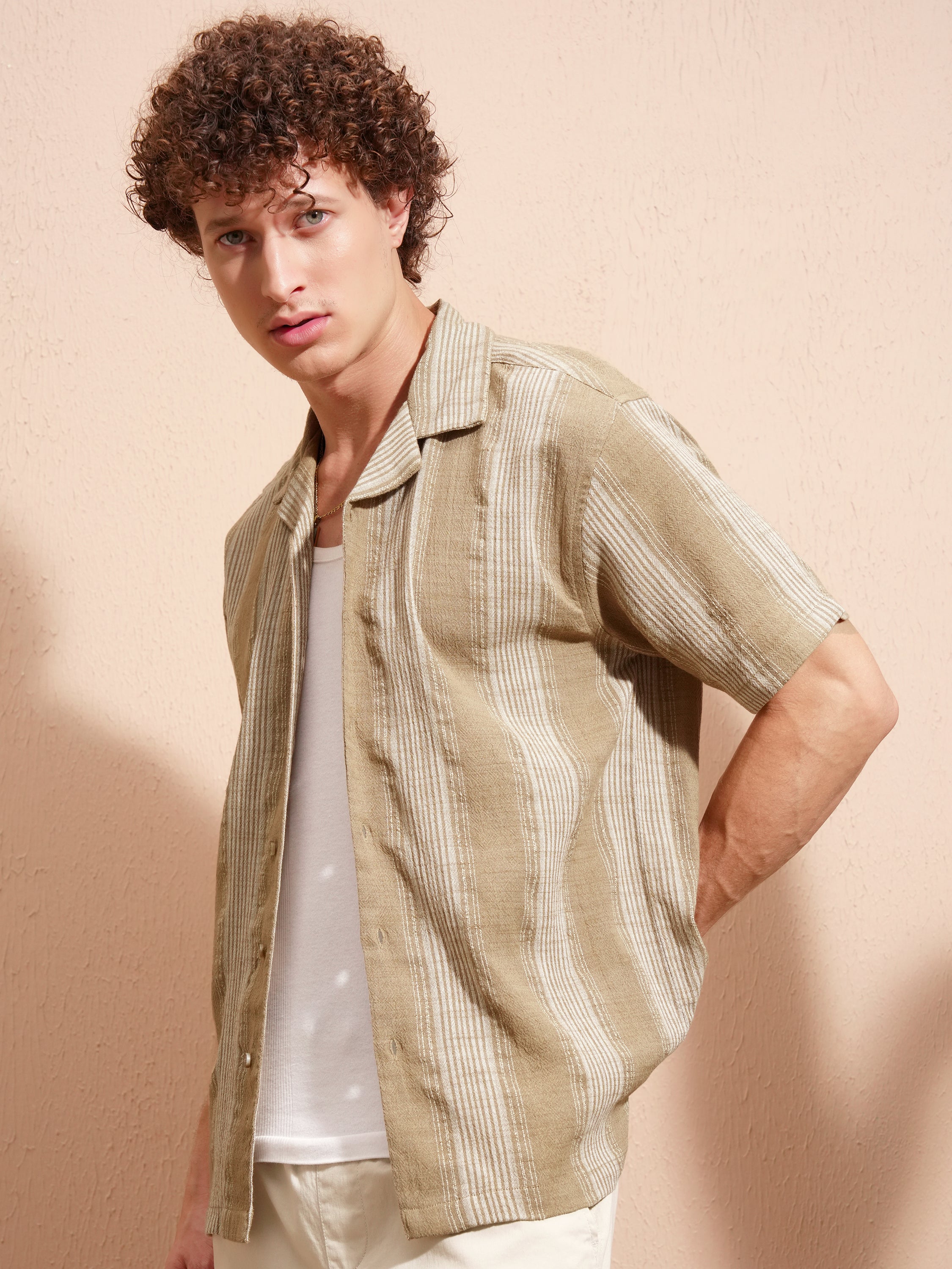 Highlander Men Khaki Striped Relaxed Fit Casual Shirt - Khaki - Image 4