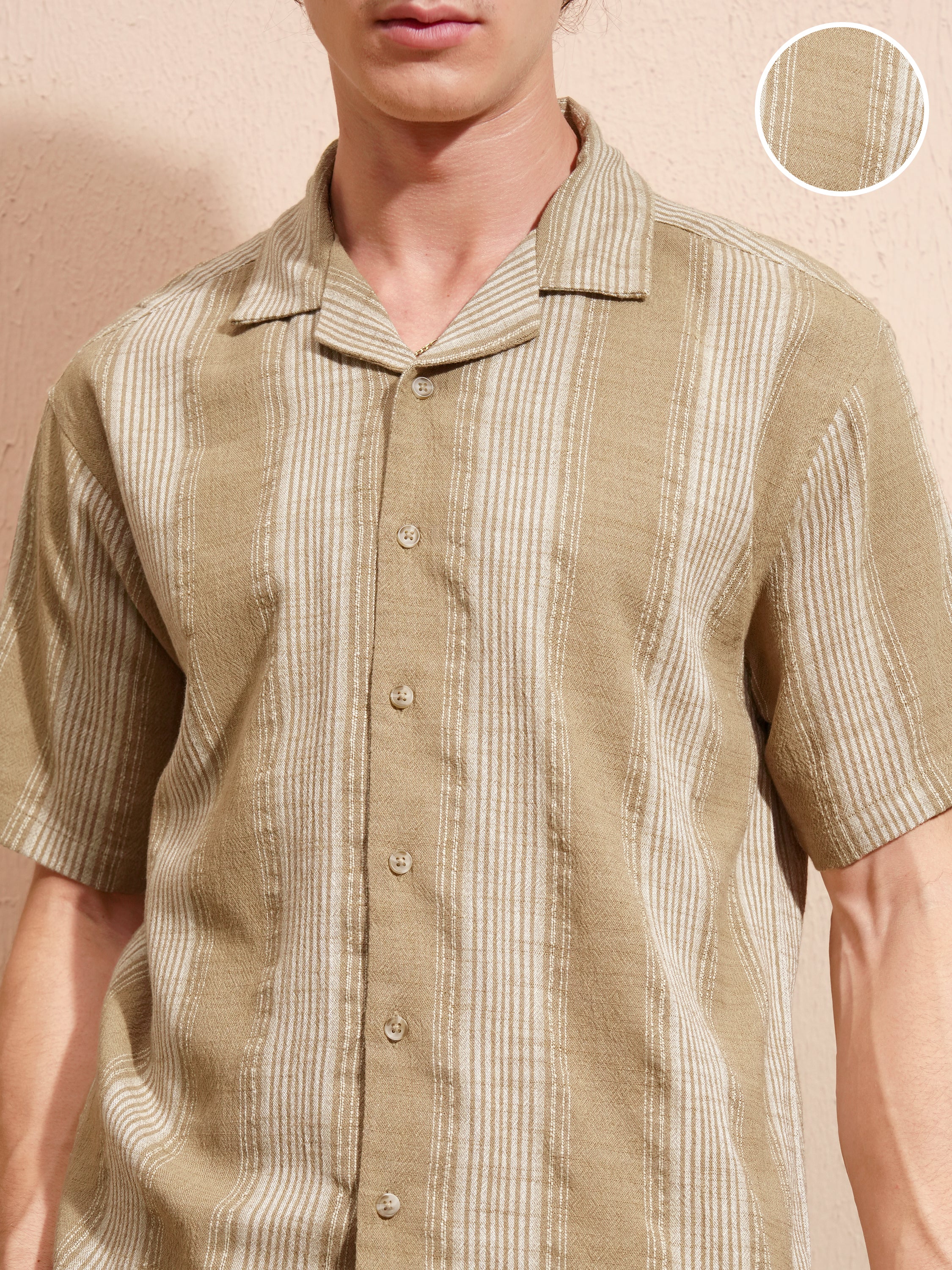 Highlander Men Khaki Striped Relaxed Fit Casual Shirt - Khaki - Image 5
