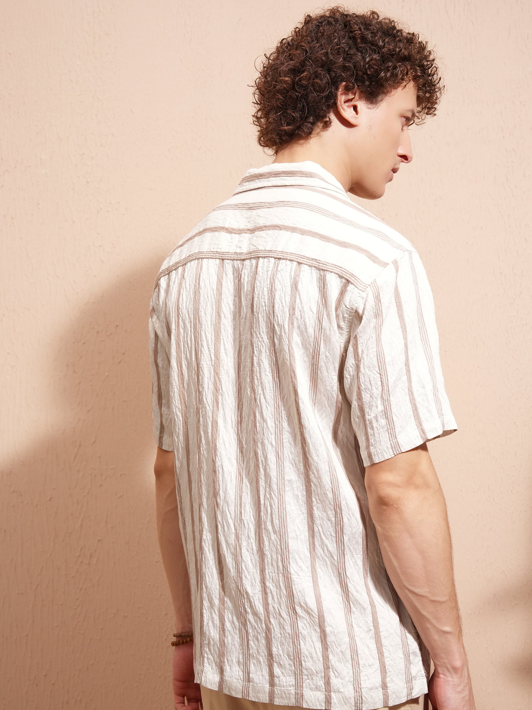 Highlander Men Cream Striped Relaxed Fit Casual Shirt - Cream - Image 3