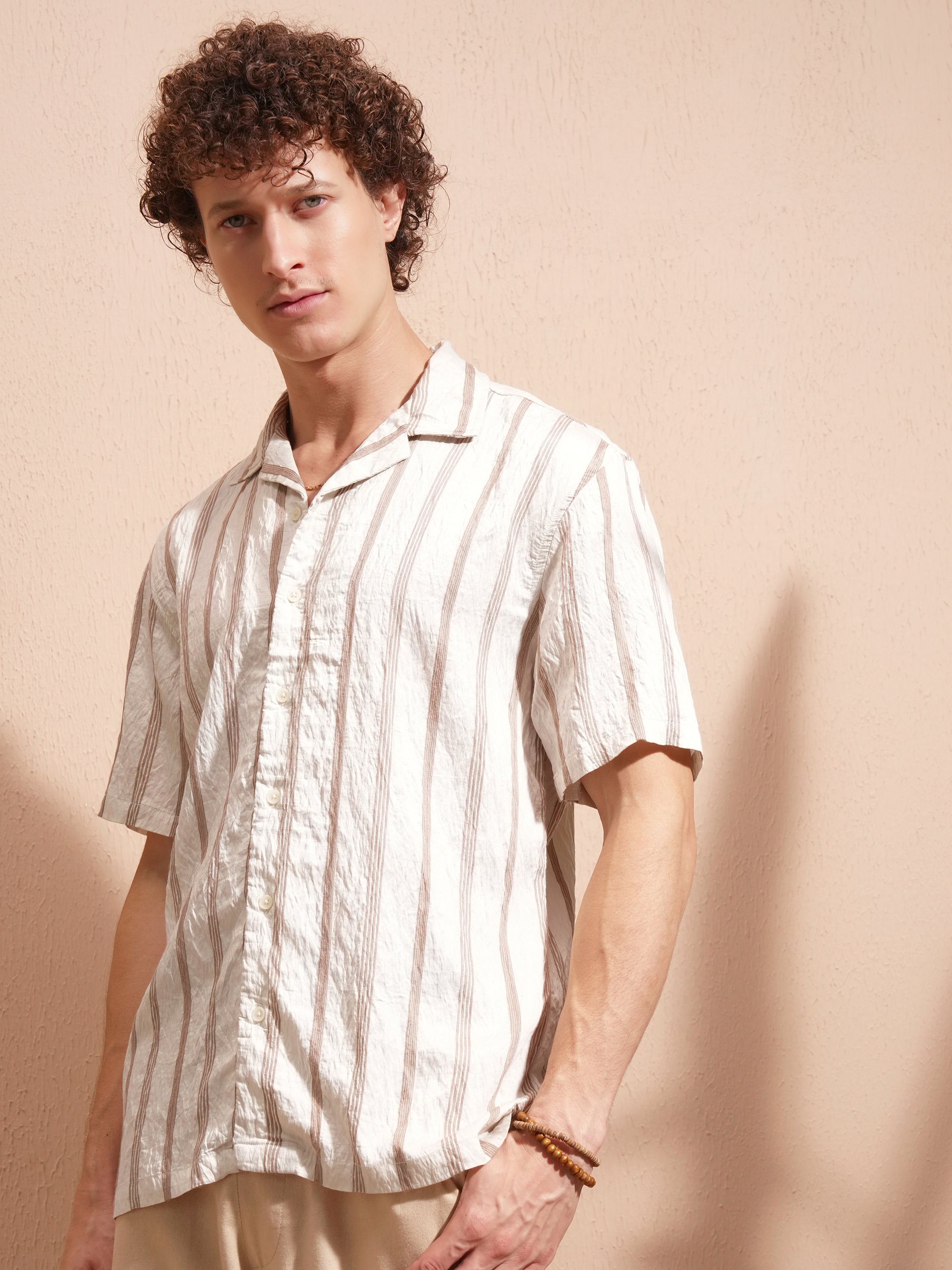 Highlander Men Cream Striped Relaxed Fit Casual Shirt - Cream - Image 4