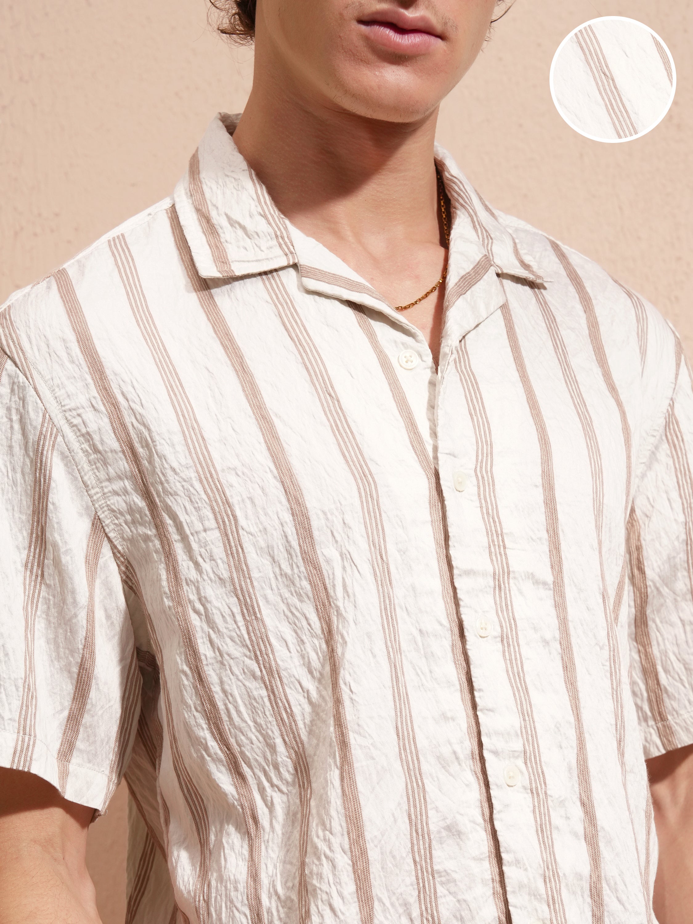Highlander Men Cream Striped Relaxed Fit Casual Shirt - Cream - Image 5